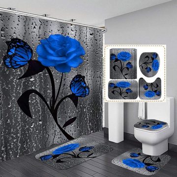 Duschvorhangstange 4 Stück Duschvorhang-Set mit Rutschfeste Teppich und WC-Deckelbezug, Rnemitery