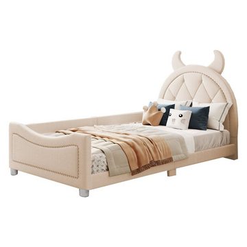 HAUSS SPLOE Polsterbett Funktionsbett Bettrahmen KInderbett Einzelbett Schlafsofa (mit Rückenlehne, Trompetenförmiges Kopfteil, Jugendbett Gästebett), 90*200cm, Beige