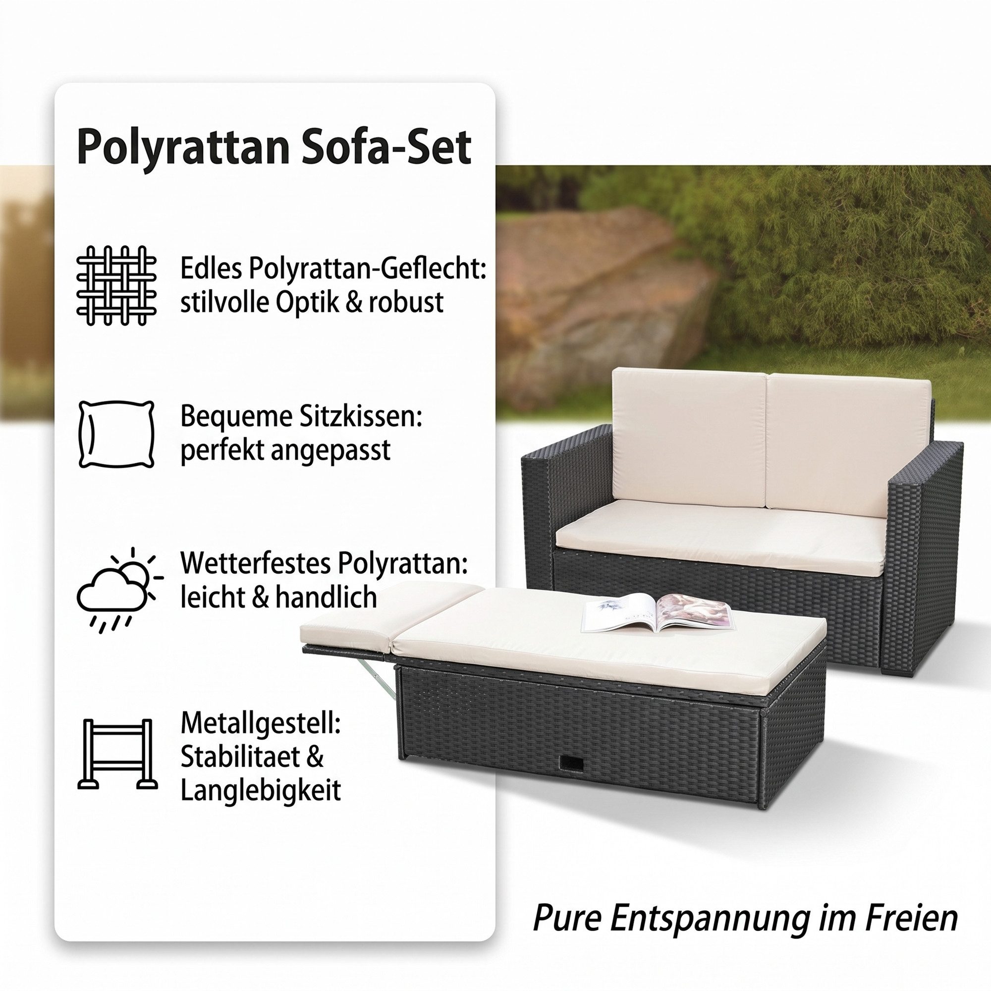 Mucola Gartenlounge-Set Polyrattan Gartensofa Lounge Sofa Gartenmöbel Gartensofa Sitzgarnitur, (Set, Sofa & Ottomane), Kissen inkl. Reißverschluss, daher abnehm- und waschbar