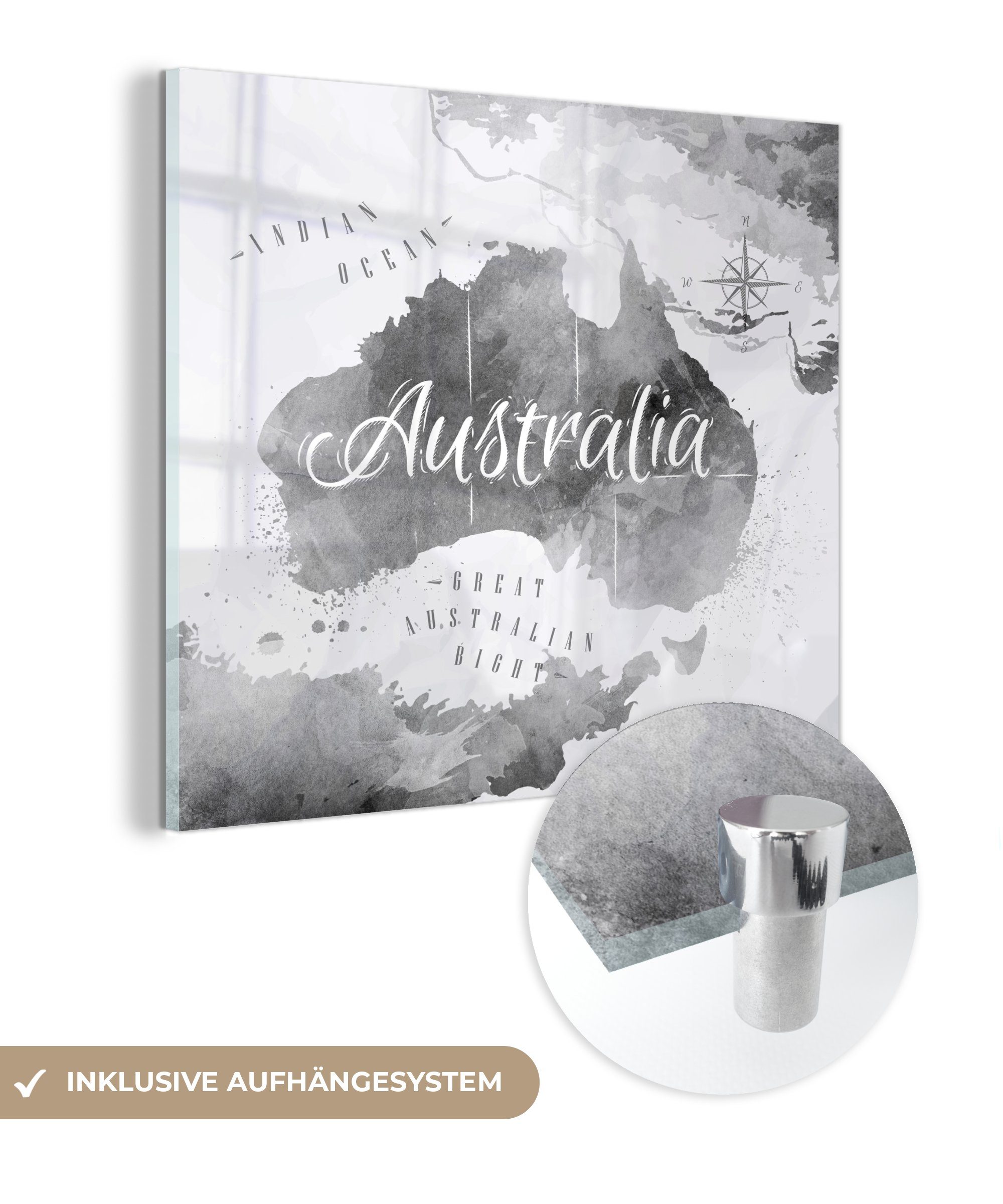 Glas Australien auf Glas MuchoWow - - Glasbilder - St), Bilder Aquarell, - Acrylglasbild auf Weltkarte - (1 Wanddekoration Wandbild Foto