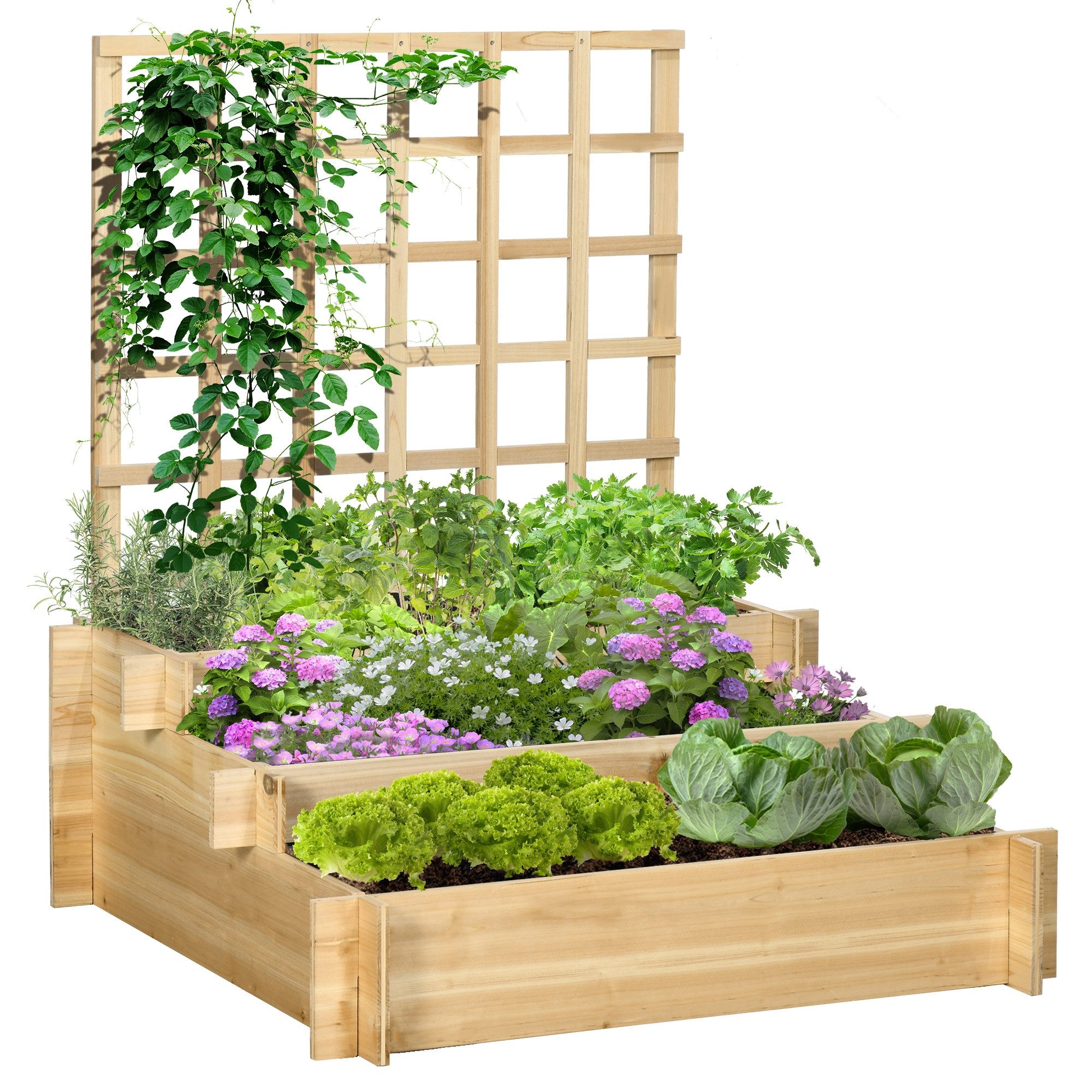 Hochbeet Dreistufiges Hochbeet mit Rankgitter, Holzbeet