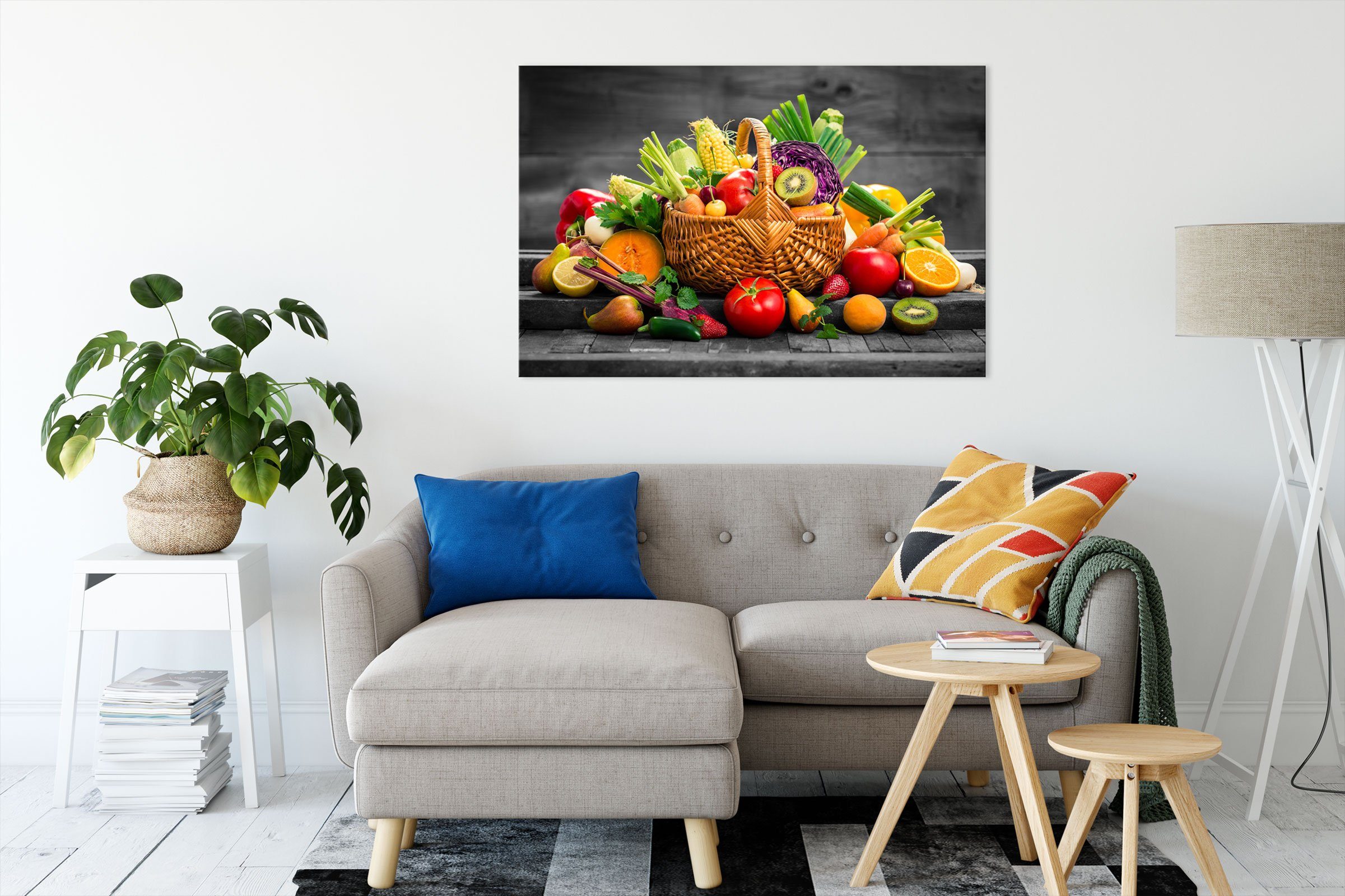 Pixxprint Leinwandbild Frisches Obst und Gemüse im Korb, Frisches Obst und günstig online kaufen
