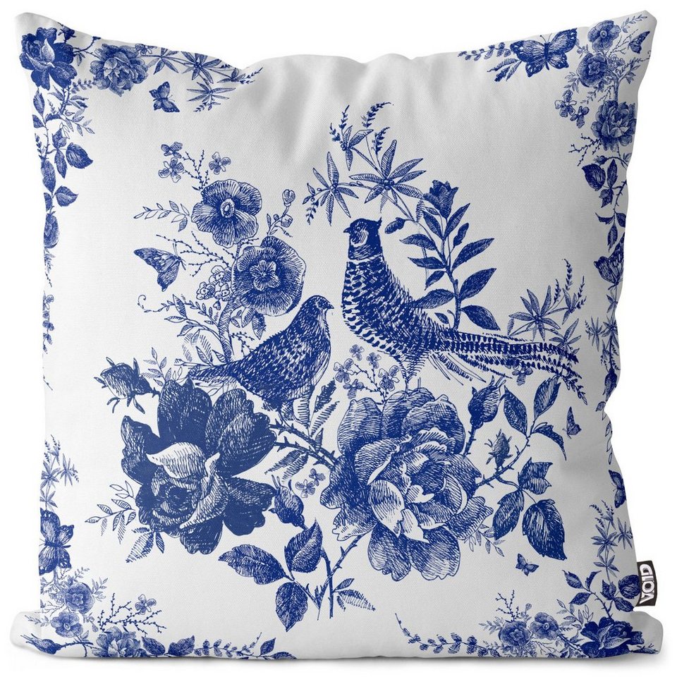 Kissenbezug, VOID (1 Stück), Sofa-Kissen Fliesen Blau Weiss Dekoration  Landhaus Stil Rosen Blumen Blüten Garten Balkon klassisch Vögel Tiere Natur  Pflanzen