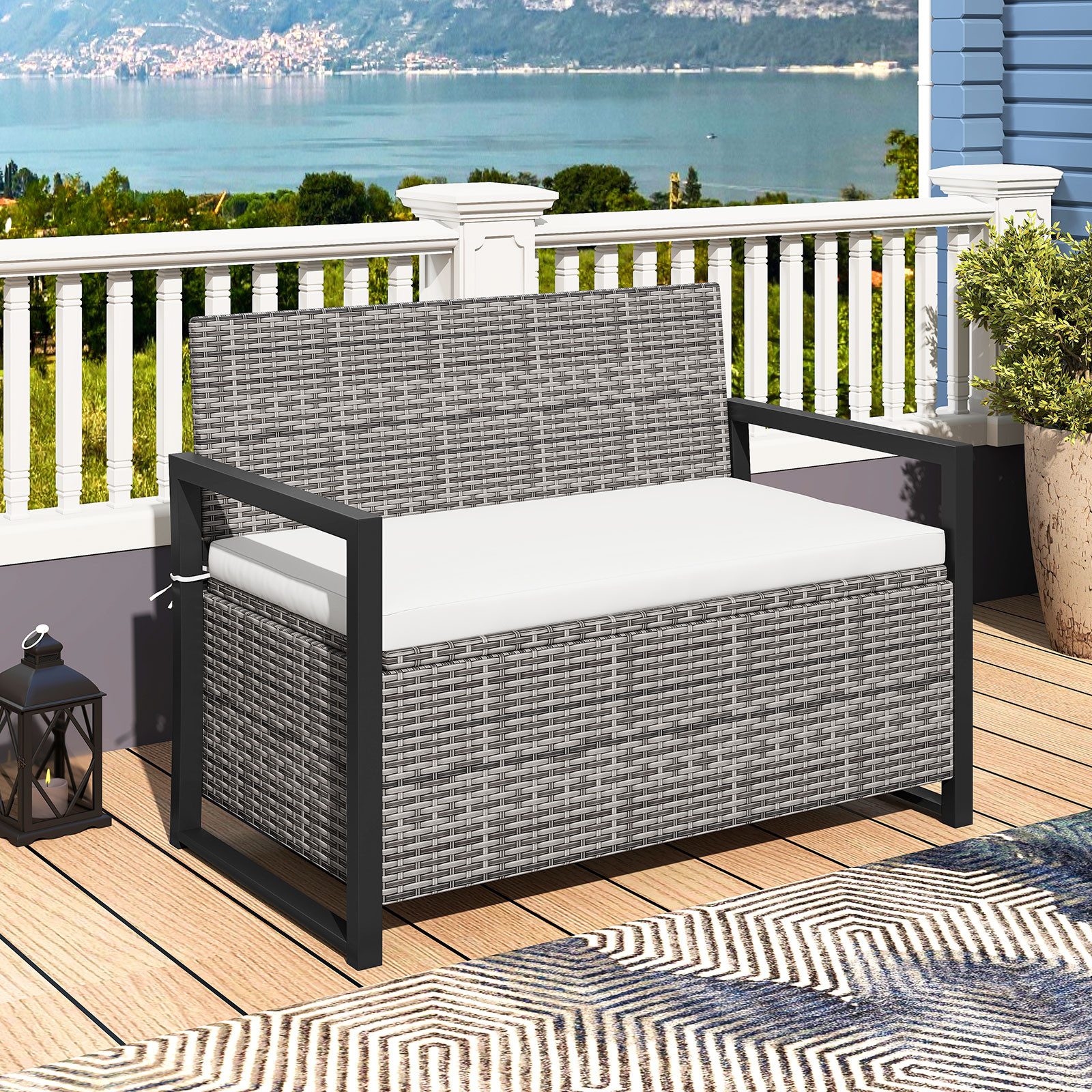 COSTWAY Gartenbank, mit verstecktem Stauraum und Kissen, Rattan, bis 360 kg günstig online kaufen