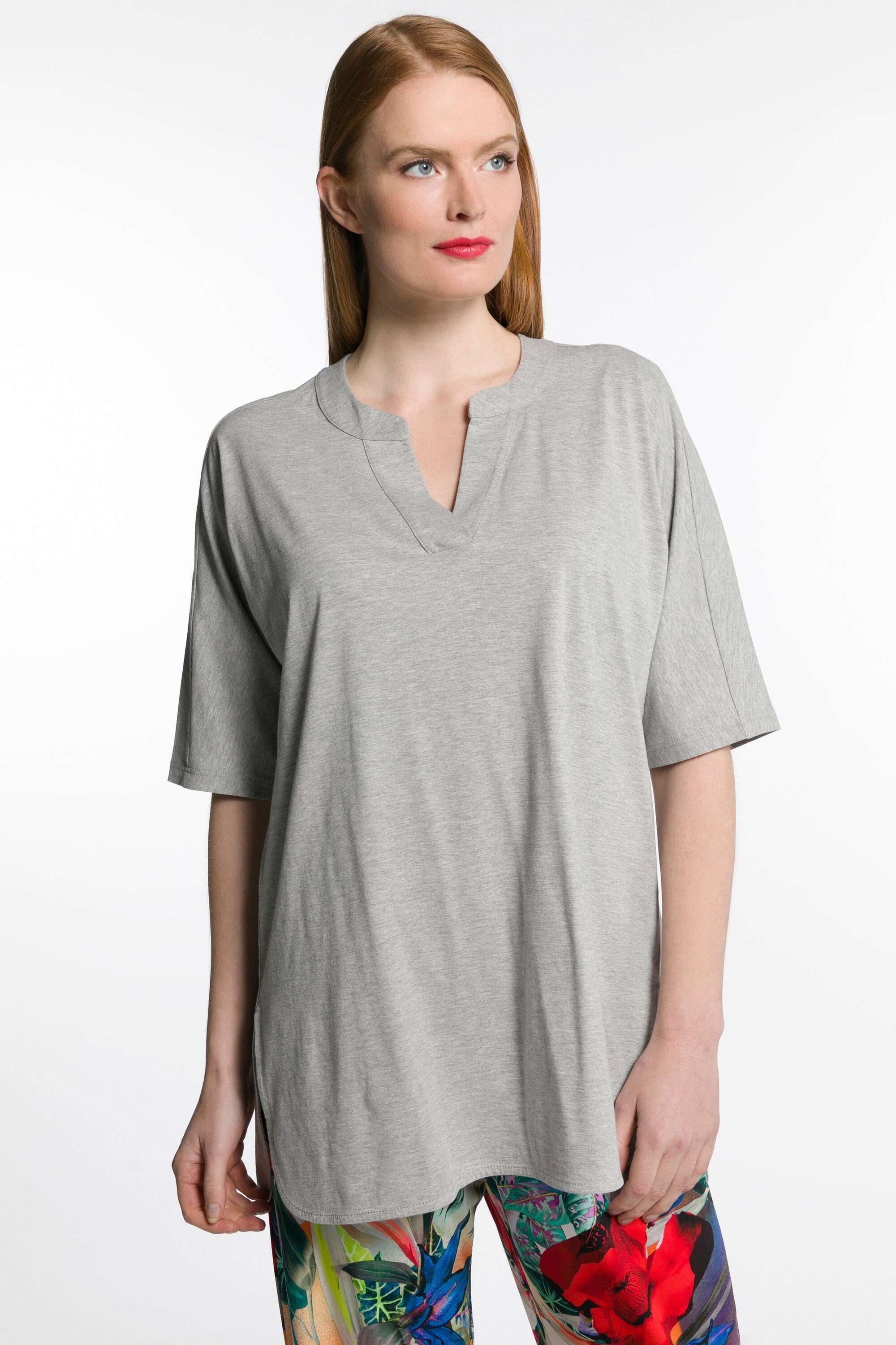 Ulla Popken Longshirt Longshirt A-Linie Tunika-Ausschnitt Halbarm | V-Shirts