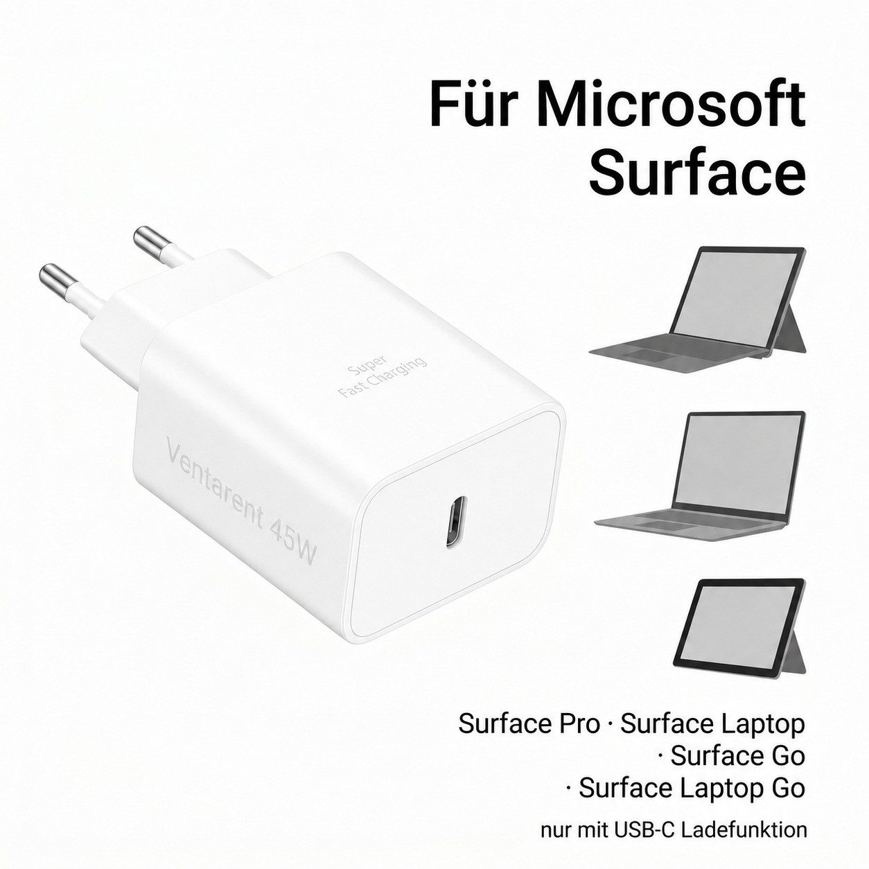 Ventarent 45W USB-C für Microsoft Surface PD PPS USB-Ladegerät (3000 mA, Packung, Netzadapter ohne USB-C Kabel, Surface Geräte mit USB-C Ladefunktion)