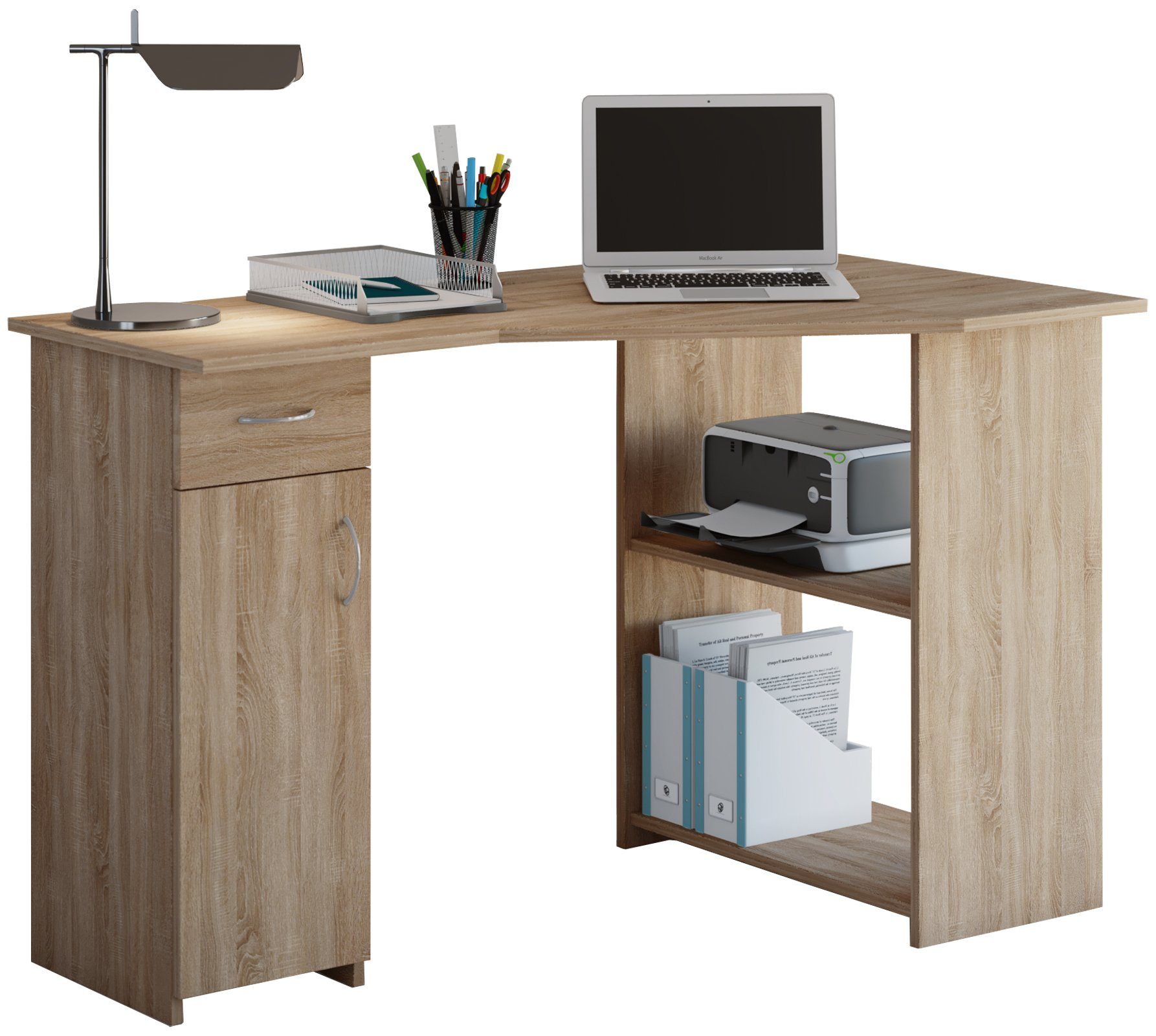 VCM Schreibtisch Schreibtisch Eckschreibtisch Sonoma-Eiche Holz Linzia Bürotisch (Sägerau)