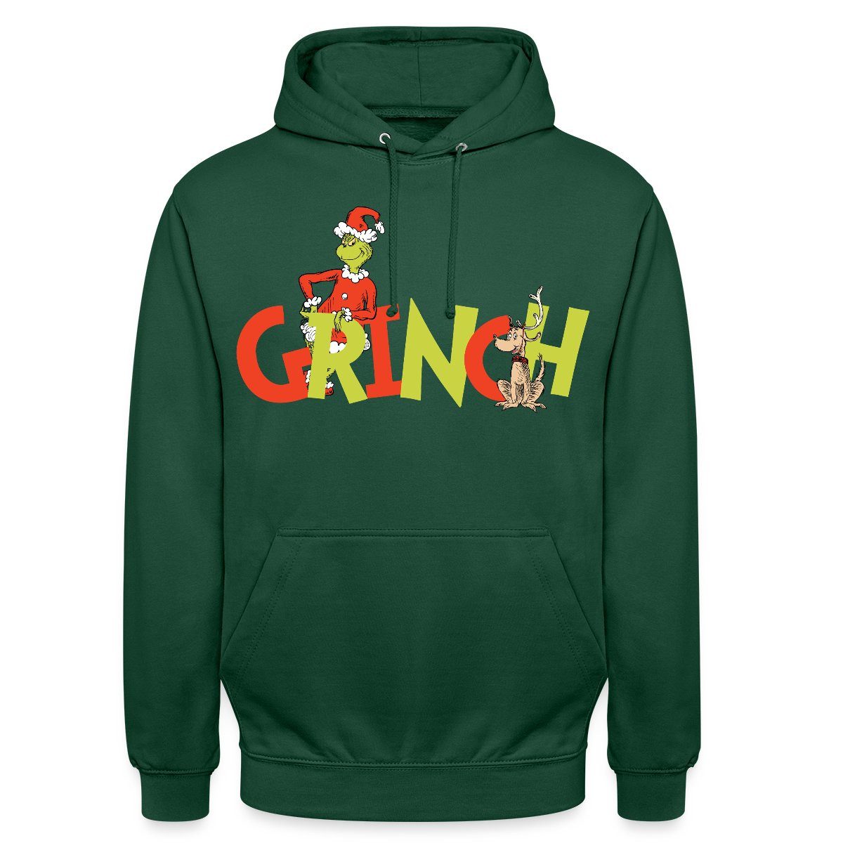 Spreadshirt Hoodie Der Grinch Schriftzug Mit Grinch & Hund Max Unisex Hoodie (1-tlg) Unisex-Schnitt: Sitzt bei Männern körpernah, bei Frauen weit