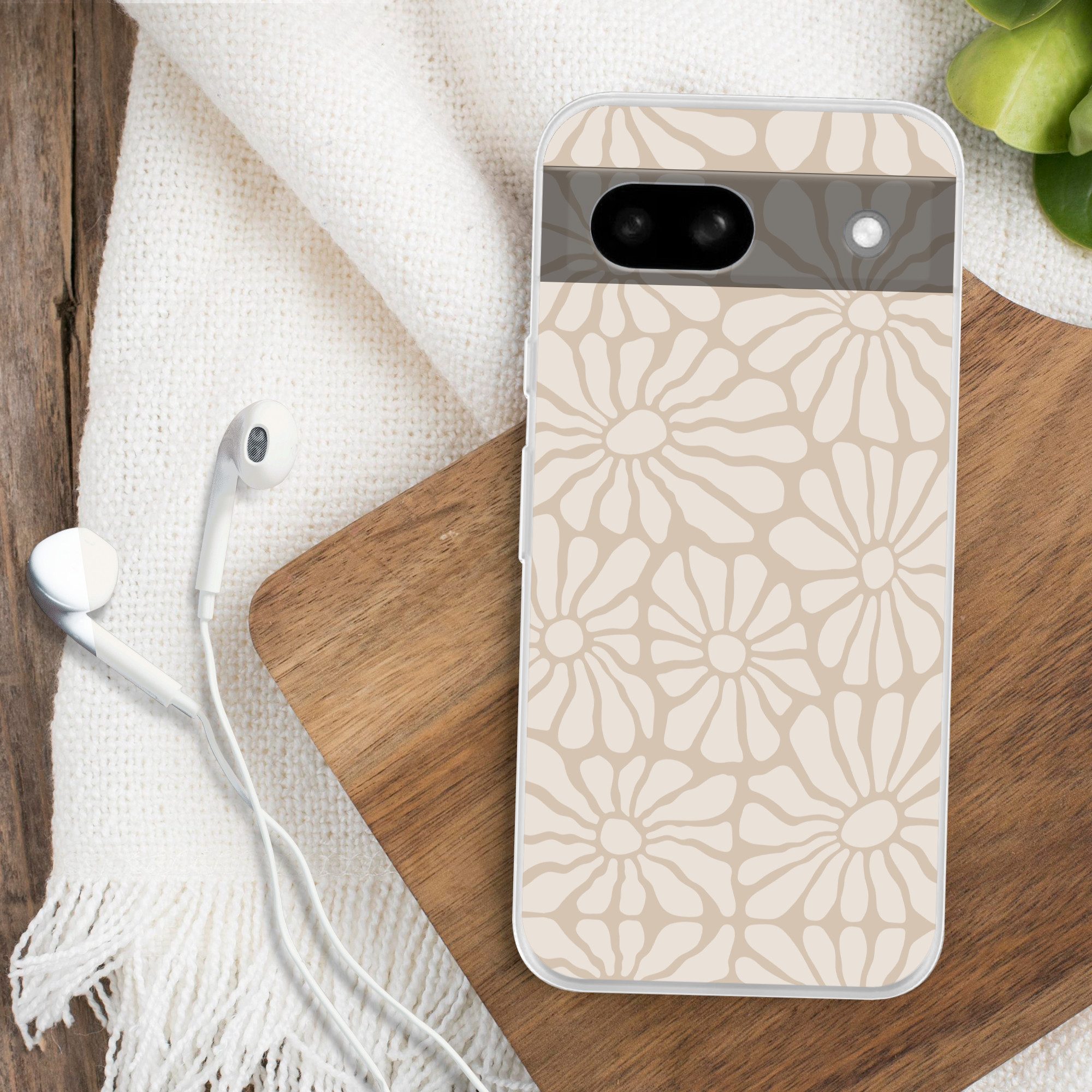 MuchoWow Handyhülle für Google Pixel 8a Floral - Druck - Beige - Braun - Minimalistisch, Phone Case, Silikon, Schutzhülle Dünn