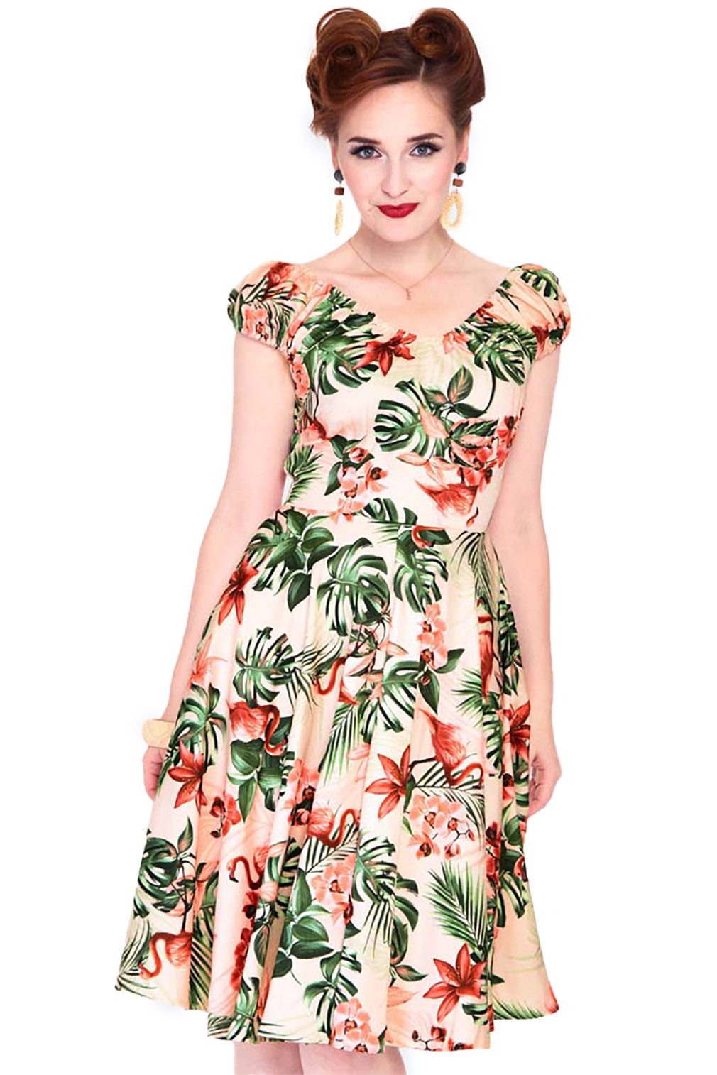 VOODOO VIXEN A-Linien-Kleid Tropical Flamingo Swingkleid 50er 50s Retro Blumen mehr