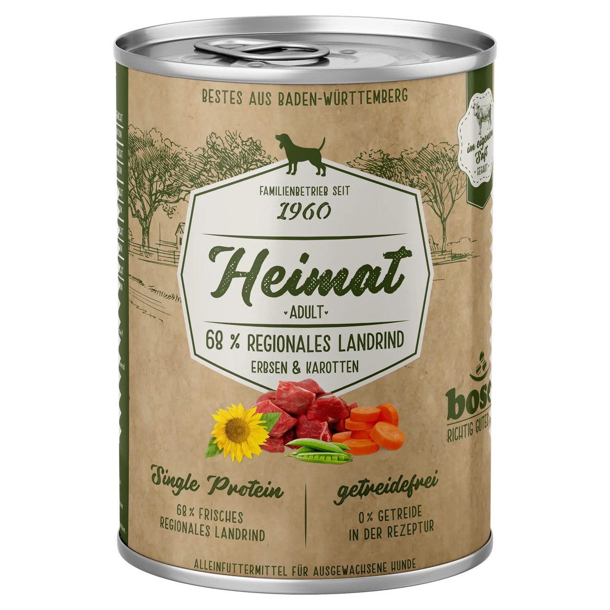 Bosch Petfood Heimat Adult mit regionalem Landrind, Erbsen & Karotten 400 g, für: Hund