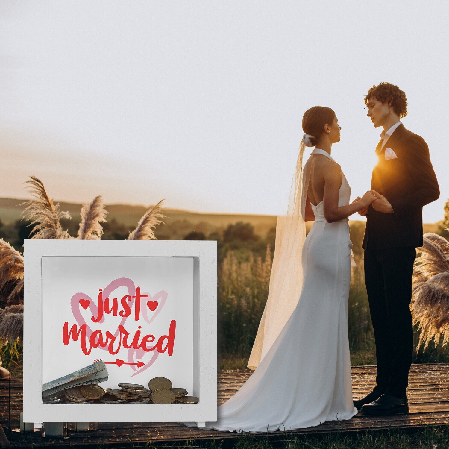 speecheese Spardose Just married Hochzeit Rahmen Spardose aus Holz mit