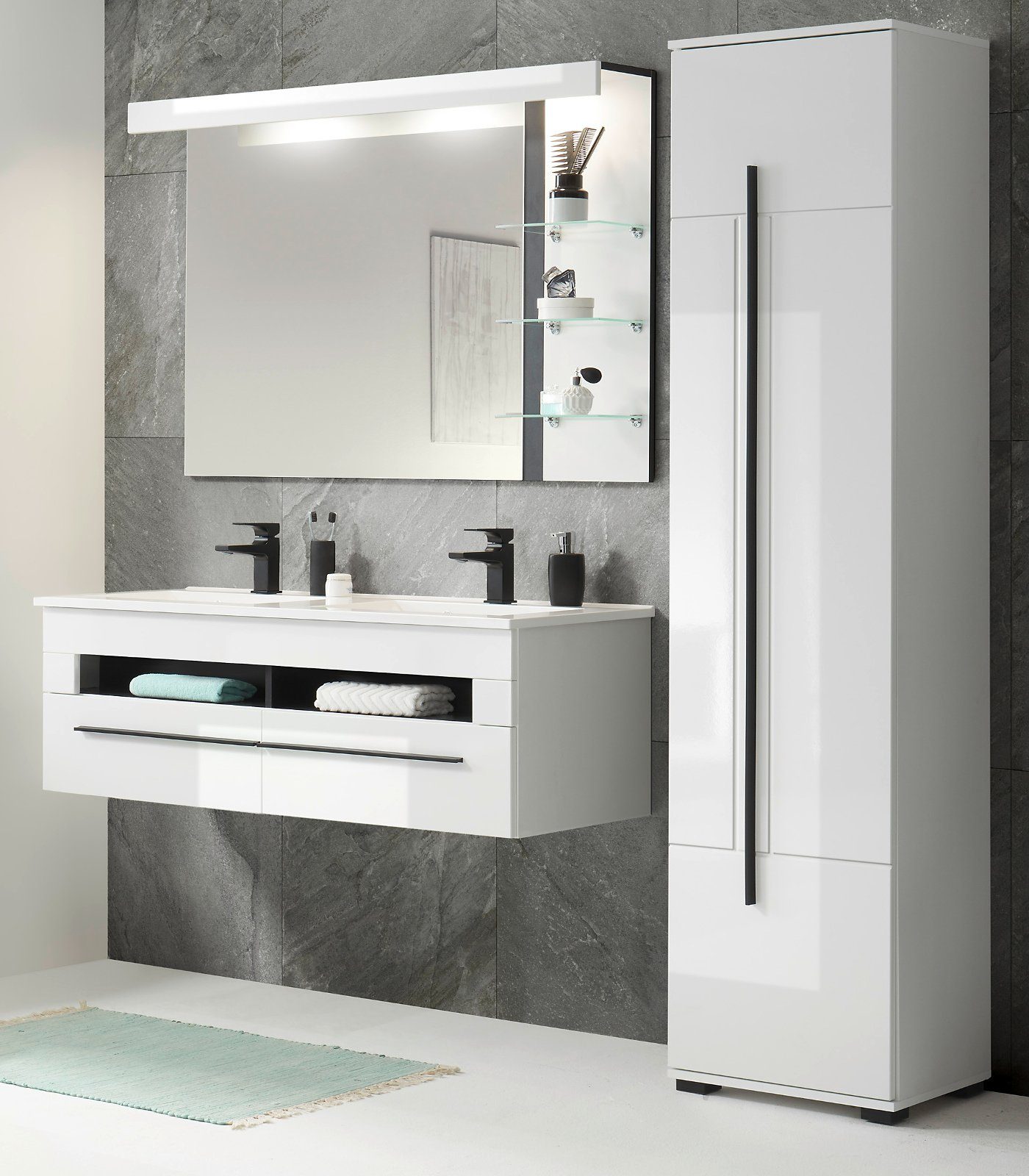 Furn.Design Badmöbel-Set Design-D, (in weiß Hochglanz, 4-St., Komplett-Set), inklusive Waschbecken und Beleuchtung
