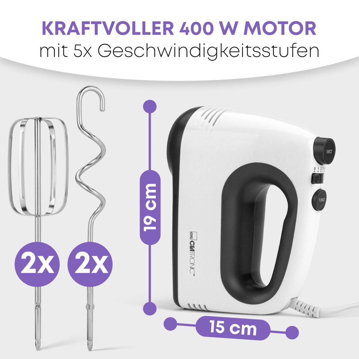 CLATRONIC Handmixer HM 3775, mit kraftvollen 400 Watt-Motor, 5 Stufen