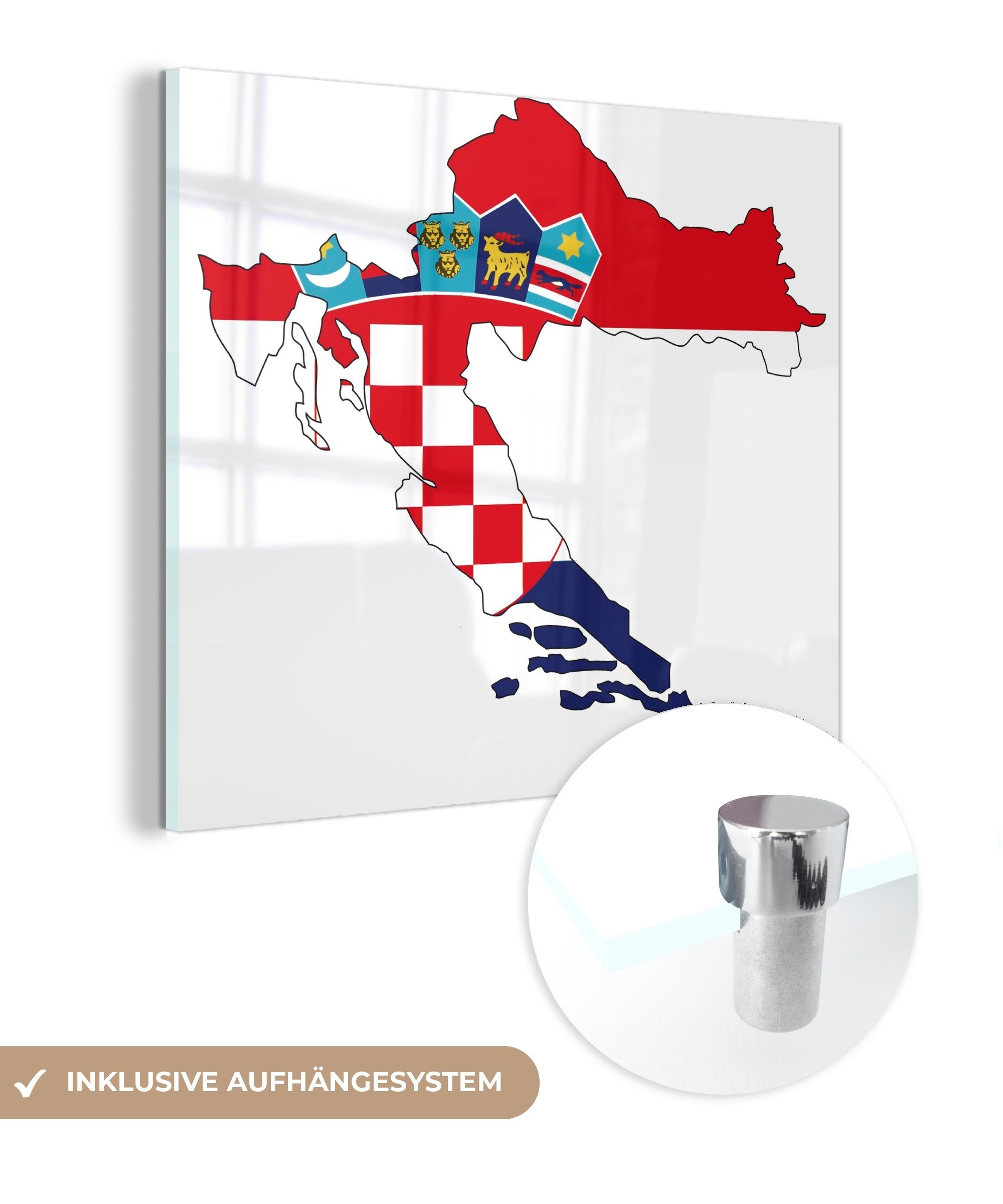 MuchoWow Acrylglasbild Die Flagge von Kroatien auf der Karte, Inkl. Aufhängung, Bilder auf Glas Wandbild, Wanddeko Wohnzimmer Badezimmer, 20x20 cm