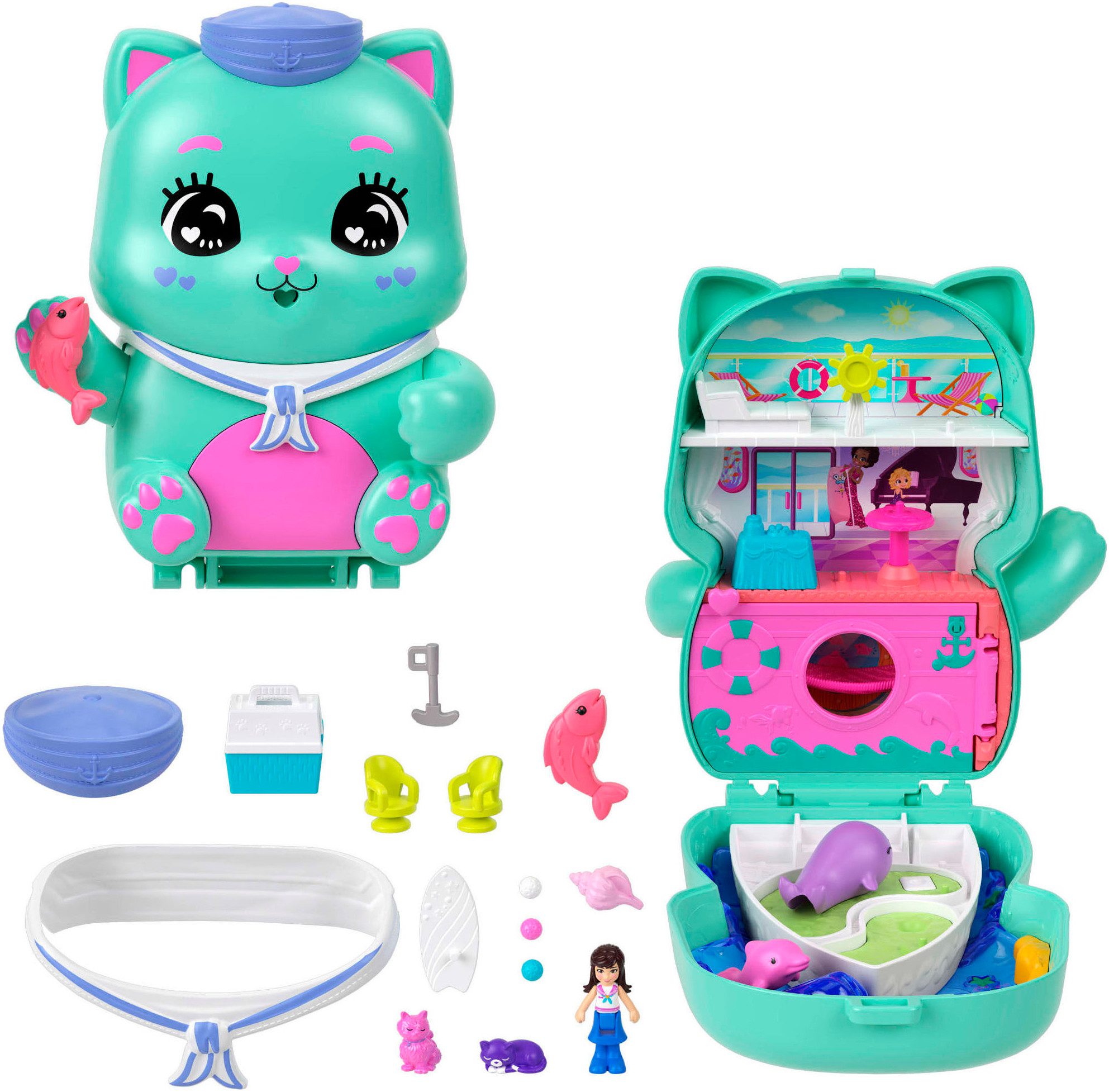 Polly Pocket Spielwelt Matrosenkatze-Schatulle, (Set, 12-tlg), mit 1 Puppe, 2 kleinen Kätzchen und Zubehör