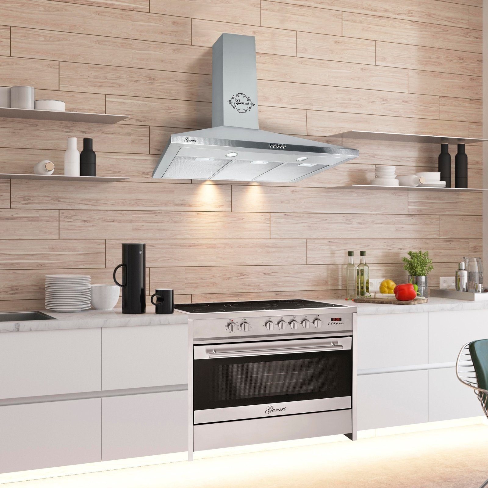 GURARI Elektro-Standherd GCH E 912 X+ GCH 147 IS 9, mit 1-fach-Teleskopauszug, Elektro Standherd 90 cm/ 8 Funktionen+Dunstabzugshaube 90 cm