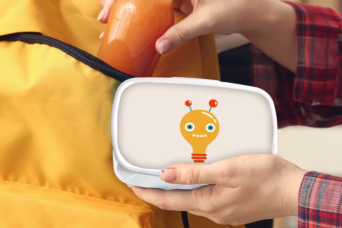 MuchoWow Lunchbox Roboter - Glühbirne Brotbox Kinder Brotdose, und - für Gesicht Mädchen Kinder, Jungs Erwachsene, - Kunststoff, - Antenne für weiß und (2-tlg)