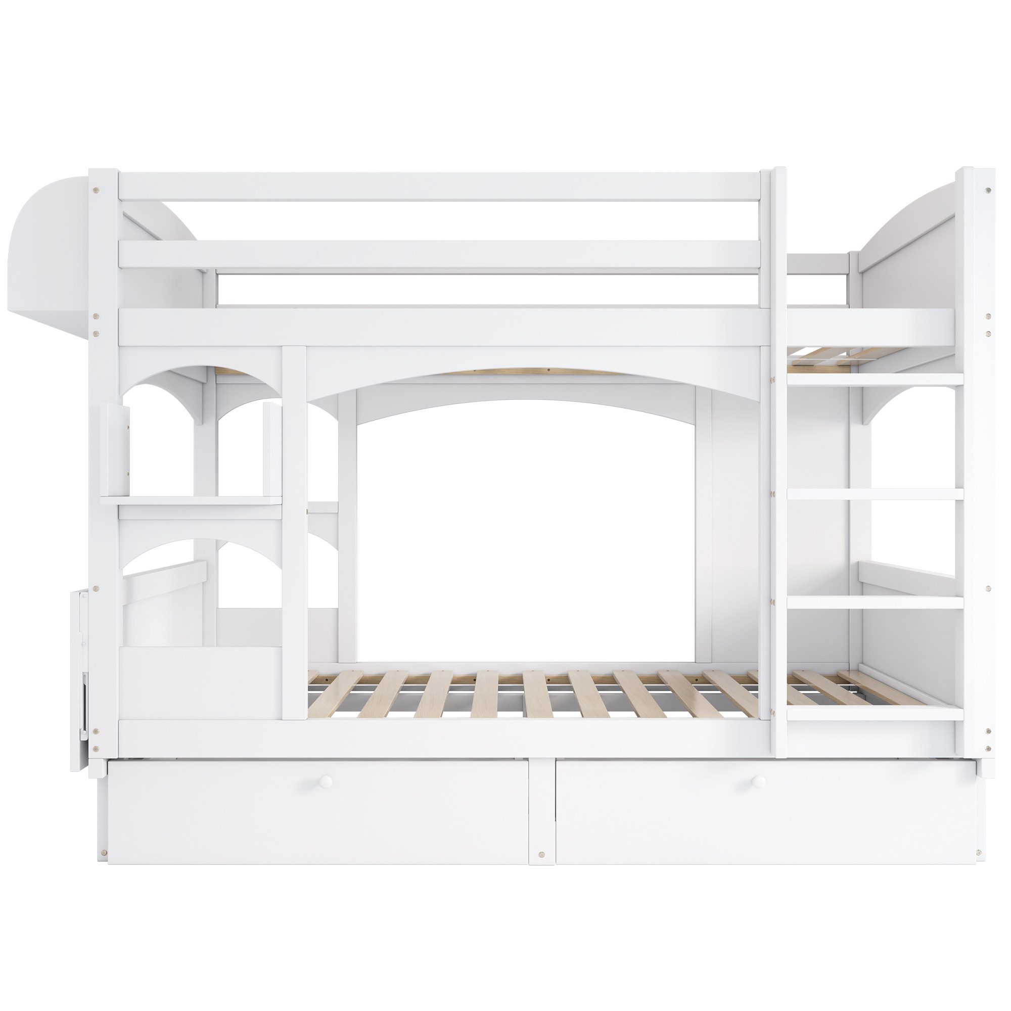 Flieks bunk bed, children's bed with fold-down desk, shelf, 2 drawers 90x200cm
