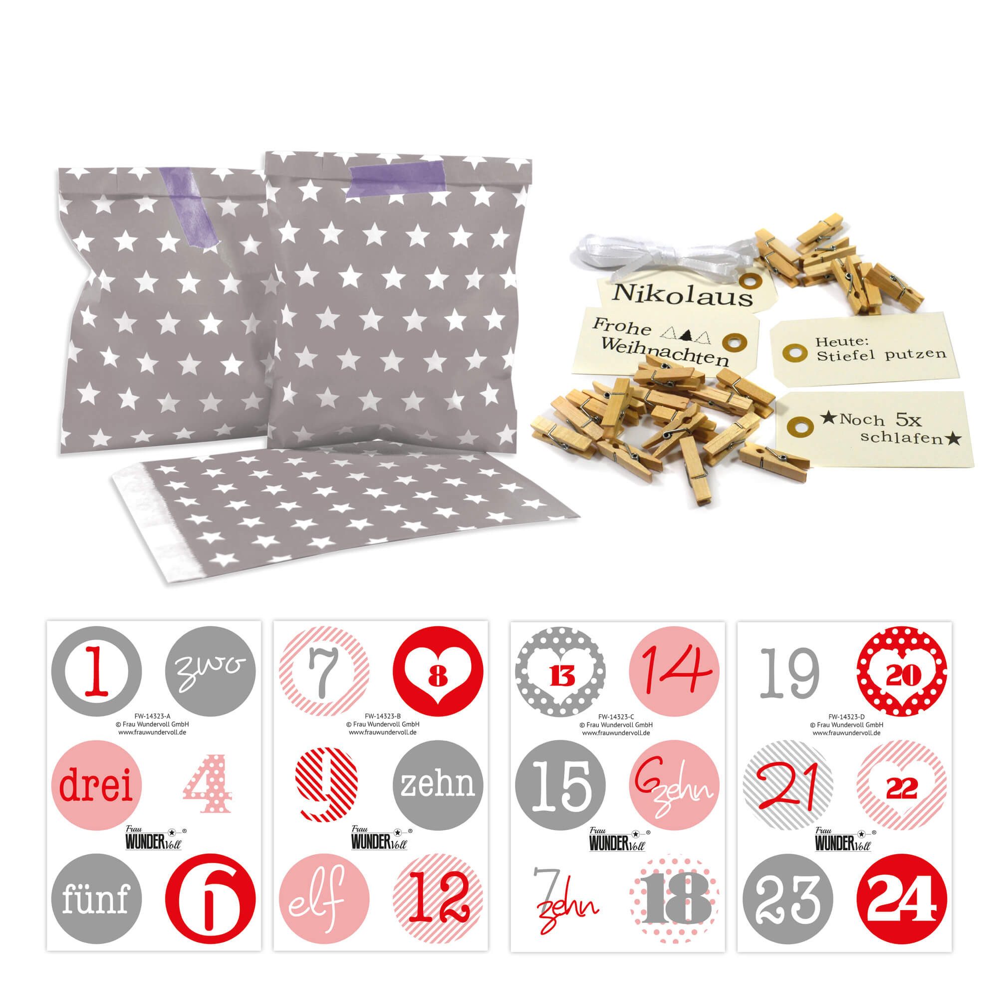 Frau WUNDERVoll befüllbarer Adventskalender Adventskalender Bescherung, taupe Stern, Ziffern rosa-rot