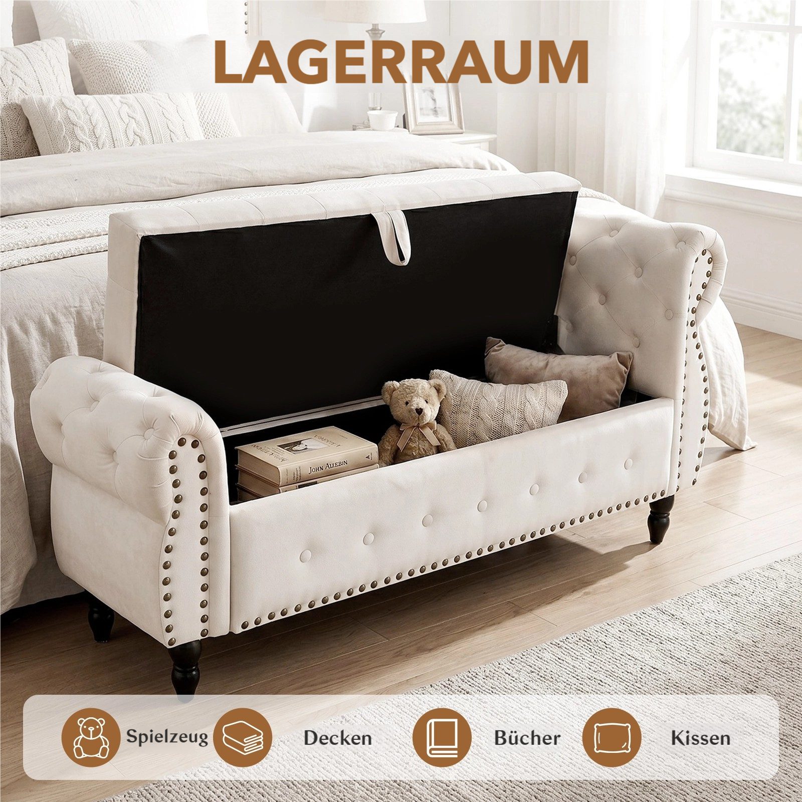 TLGREEN Chaiselongue Doppel-Sitzbank mit Stauraum, klassischer Knopfpolsterung, stabiler Holzrahmenkonstruktion, multifunktionale Sitzbank, für Schlafzimmer, Wohnzimmer und Flur
