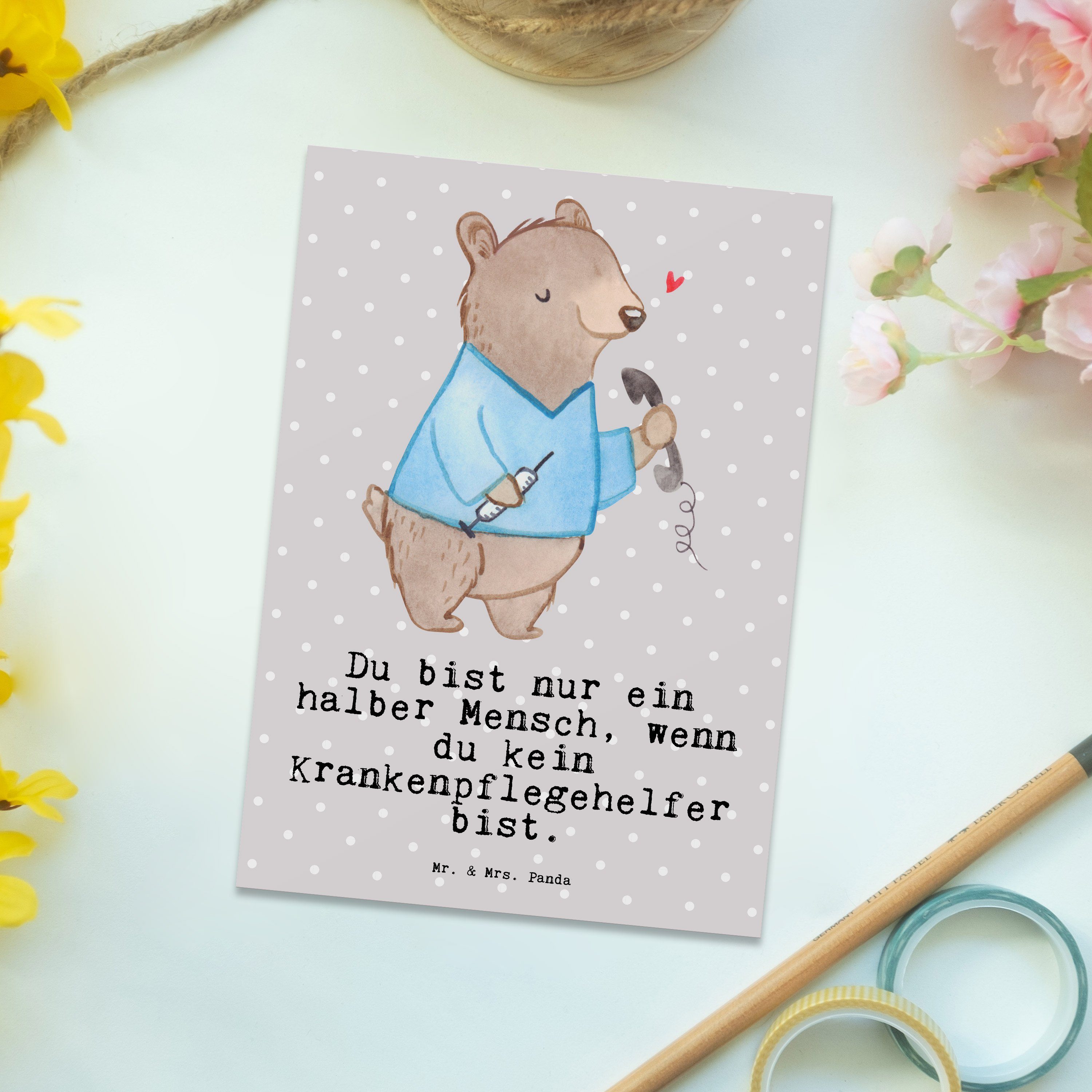 Geburtstagska mit - Grau Mr. Herz & Krankenpflegehelfer Geschenk, - Postkarte Pastell Panda Mrs.