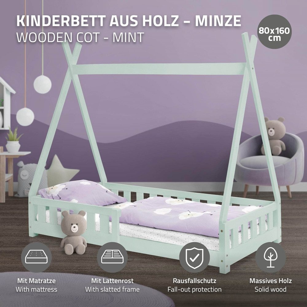 ML-DESIGN Spielbett Hausbett Tipi Zeltbett inkl. Lattenrost Bodenbett Kinder Himmelbett, Abenteuerbett mit Rausfallschutz Zelt Bett Kiefer Mint Kinderhaus – Bild 2 von 5