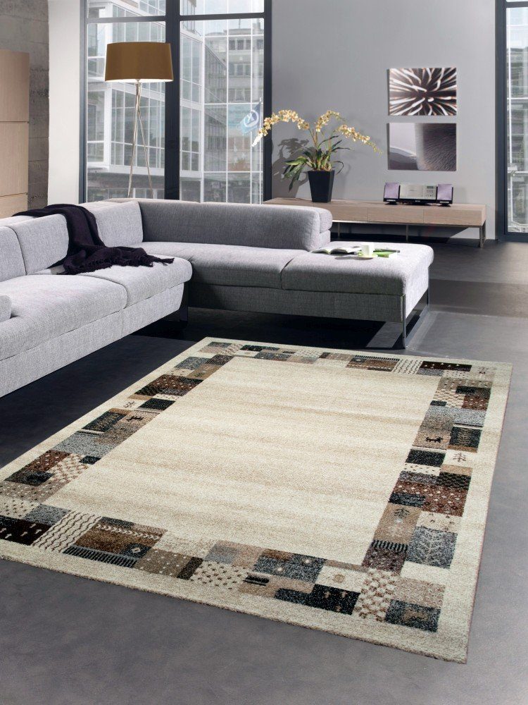 Carpetia Teppich Designer Teppich Modern Wohnzimmerteppich Bordüre beige creme türkis, rechteckig, Höhe: 13 mm