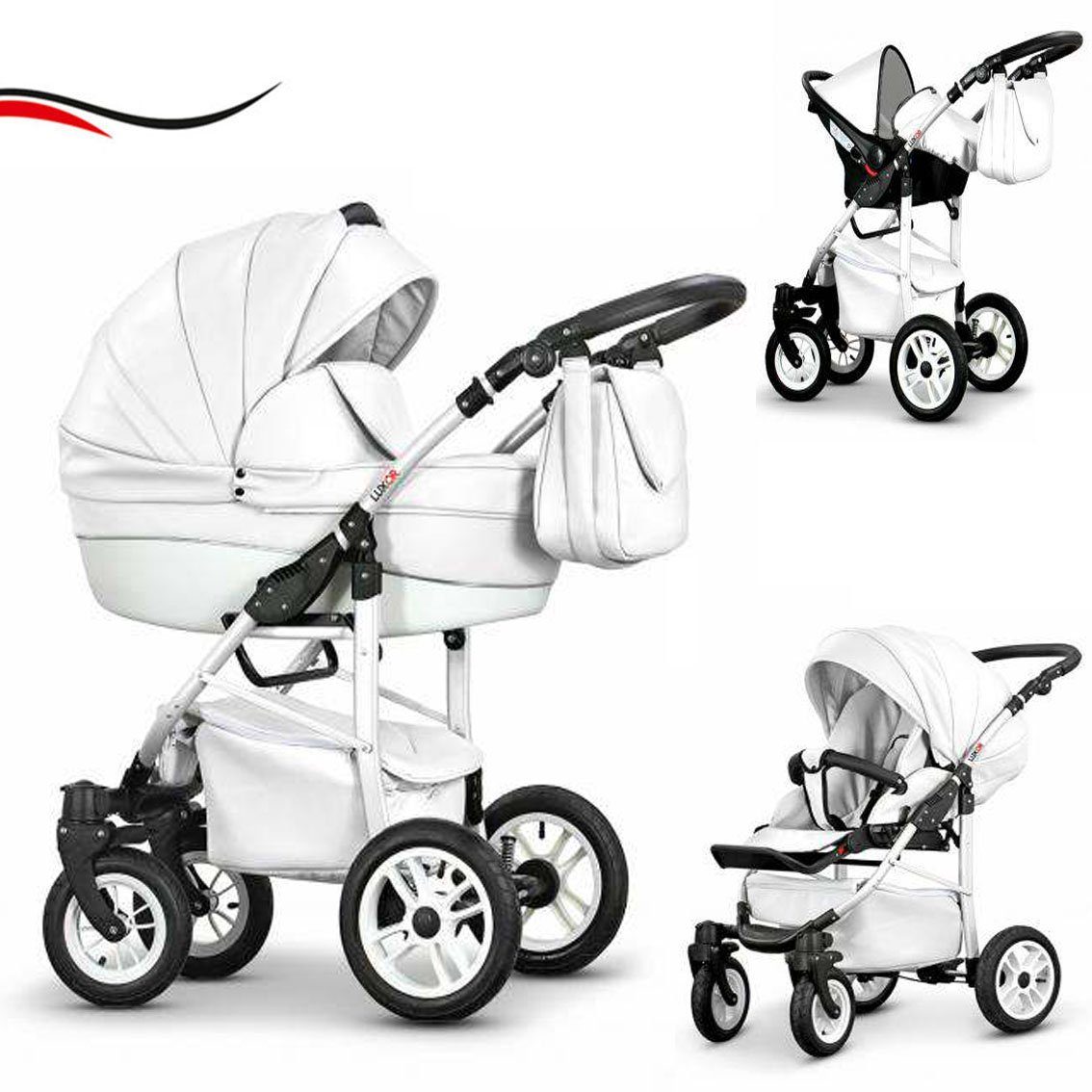 babies-on-wheels Kombi-Kinderwagen 3 in 1 Kinderwagen-Set Cosmo ECO - 16 Teile - in 29 Farben Weiß Kunstleder