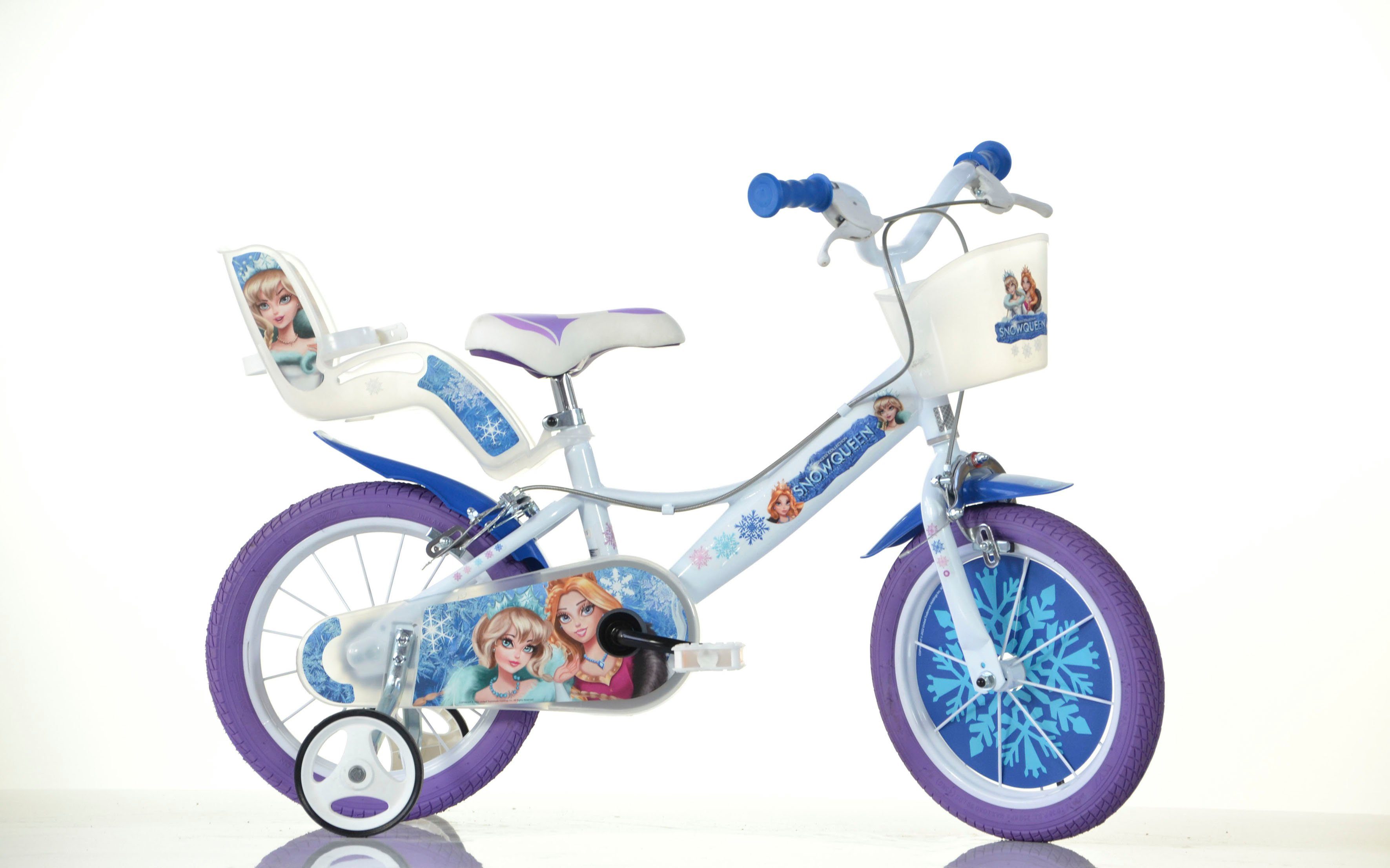Dino Bikes Kinderfahrrad 16" Snowqueen Kinderfahrrad Mädchen stabiler Stahl-Rahmen Stützräder, 1 Gang, mit Stützrädern, Korb und Puppensitz