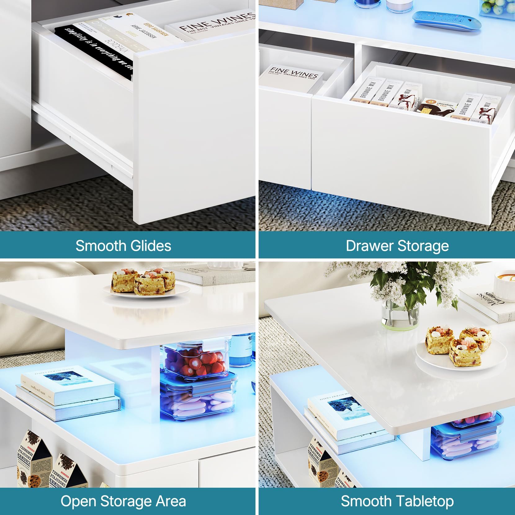 Dripex Couchtisch Couchtisch mit Stauraum Hochglanz Weiß 90x40x55 cm mit LED – Bild 5 von 5