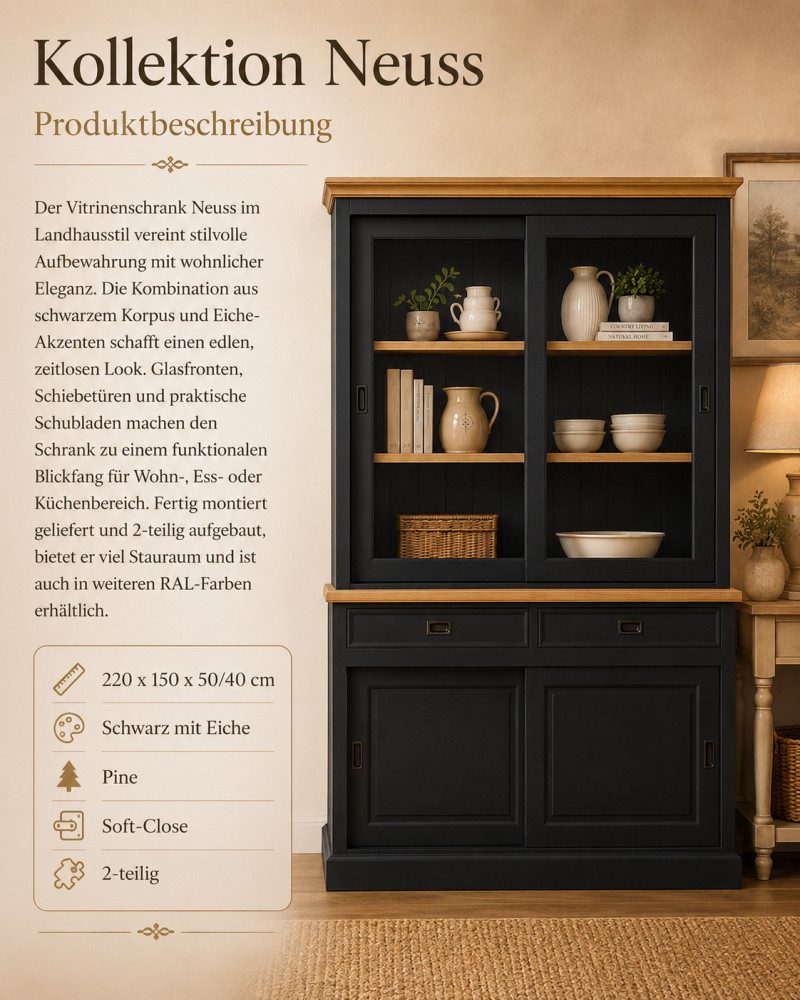Wohnpalast Vitrine Vitrinen Schrank Neuss 150 cm schwarz/eiche - Buffet Schrank mit Schie