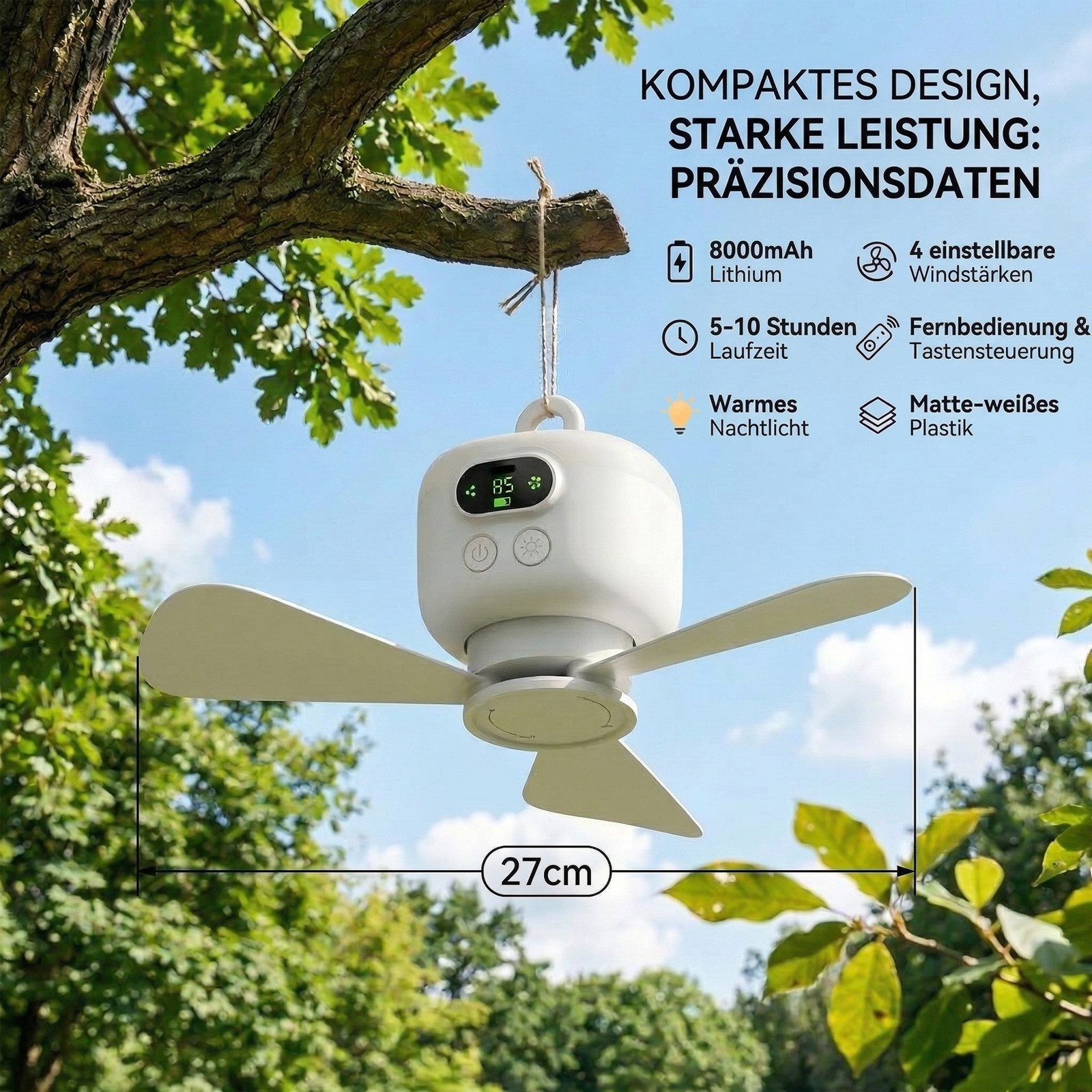 Lapalife Deckenventilator mit Beleuchtung, Aufladbar Tragbar Ventilator, 4 Windgeschwindigkeiten, Timer, Camping Ventilator Leise für Outdoor, Pavillon Terrasse, USB