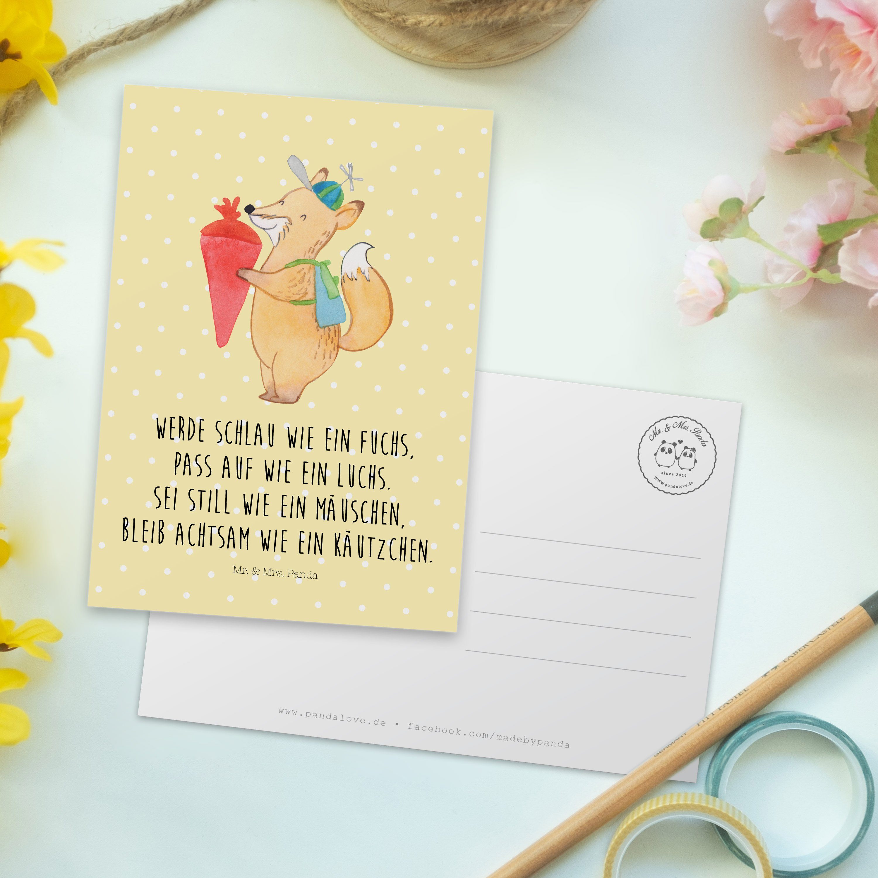 Mr. & Mrs. Panda Schulkind Fuchs - Laune, Gute Geschenk, Ansichtskarte - Pastell Gelb Postkarte