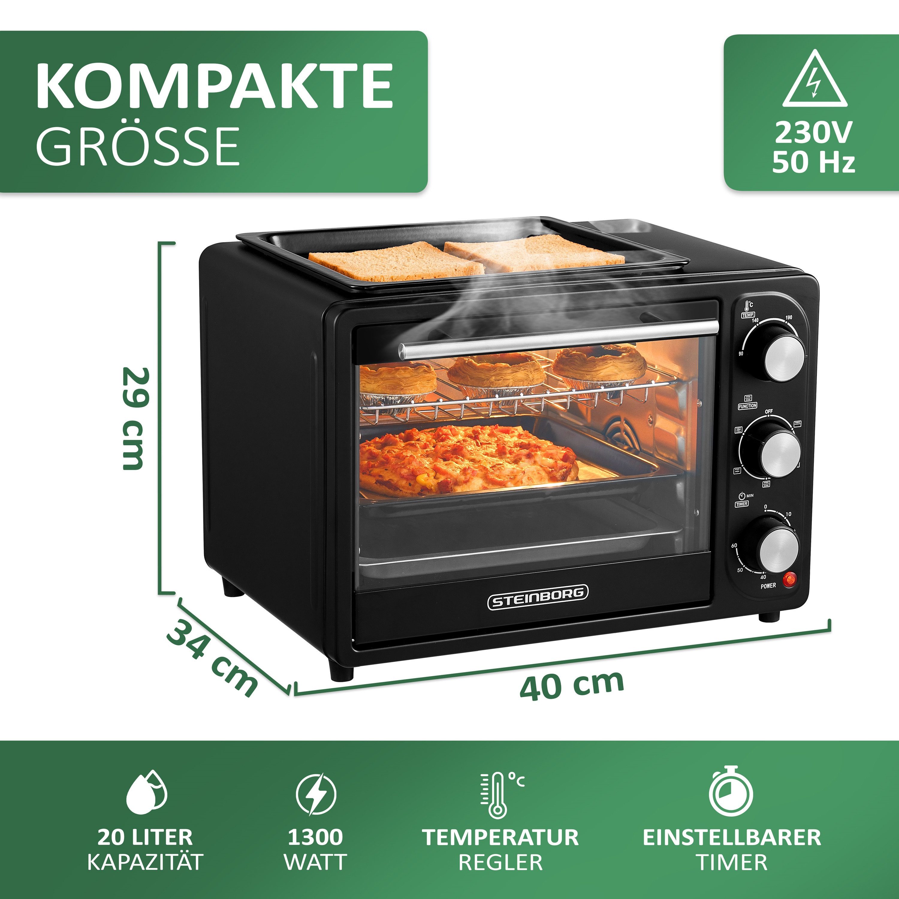 STEINBORG Minibackofen SB-3001, 20 Liter, Umluft, 3 in 1 Funktion, Grillplatte, 1300 W