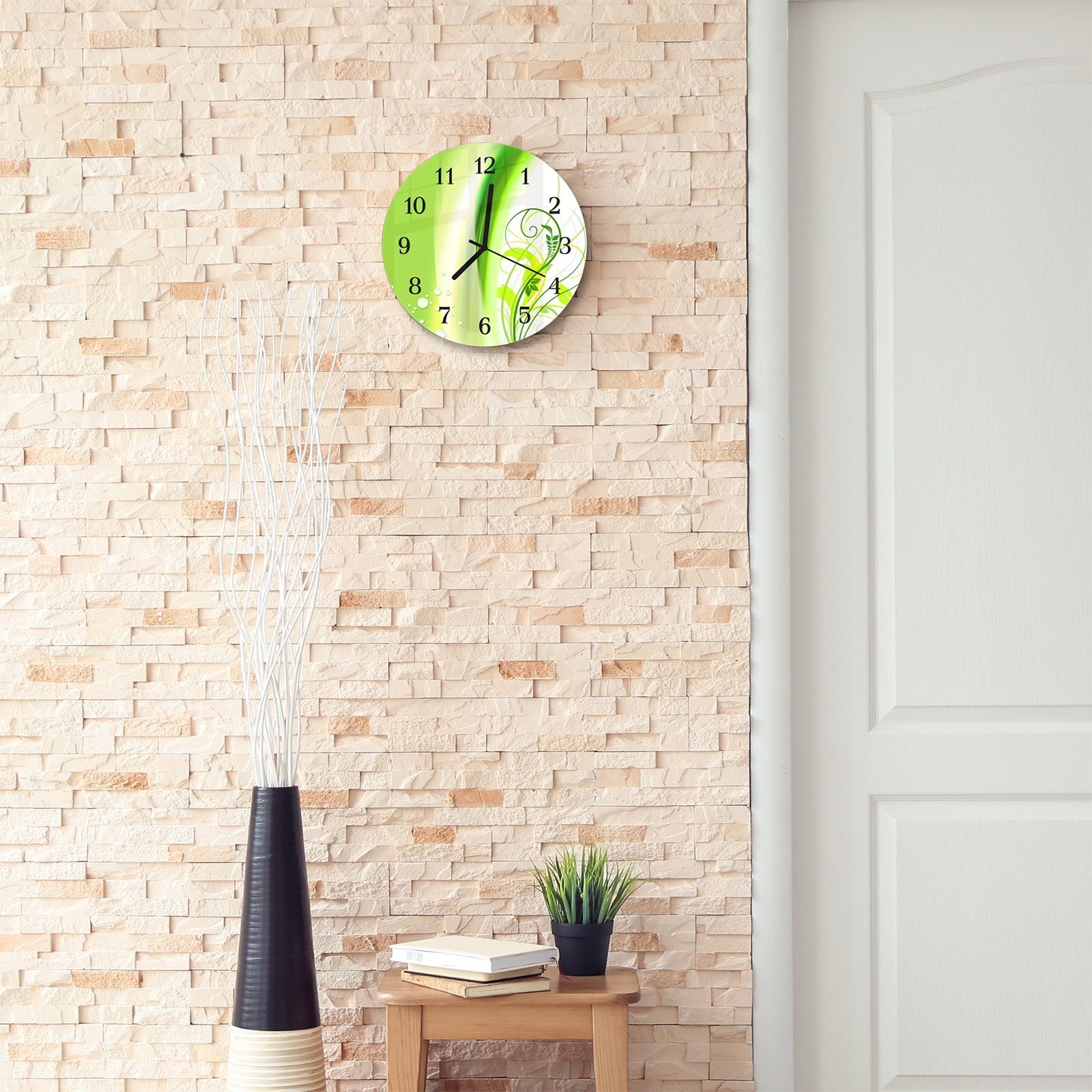 Primedeco Durchmesser Quarzuhrwerk cm und mit Blätter Rund Glas mit Wanduhr Digitale Wanduhr 30 Motiv aus -