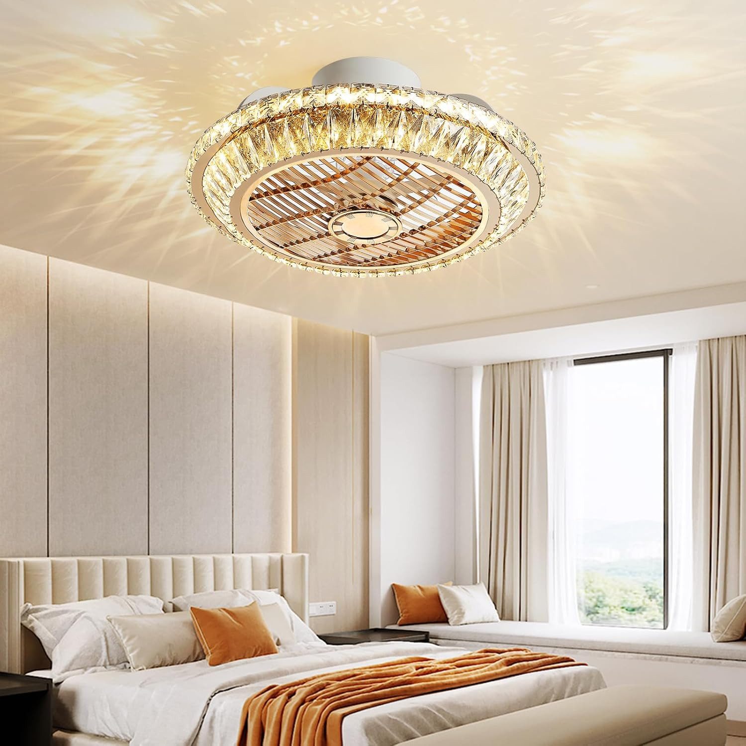 RRBEST Deckenventilator LED Deckenventilator, Leise Kristall Ventilator Kronleuchte, 72W Moderne Fan Deckenlampe mit Fernbedienung