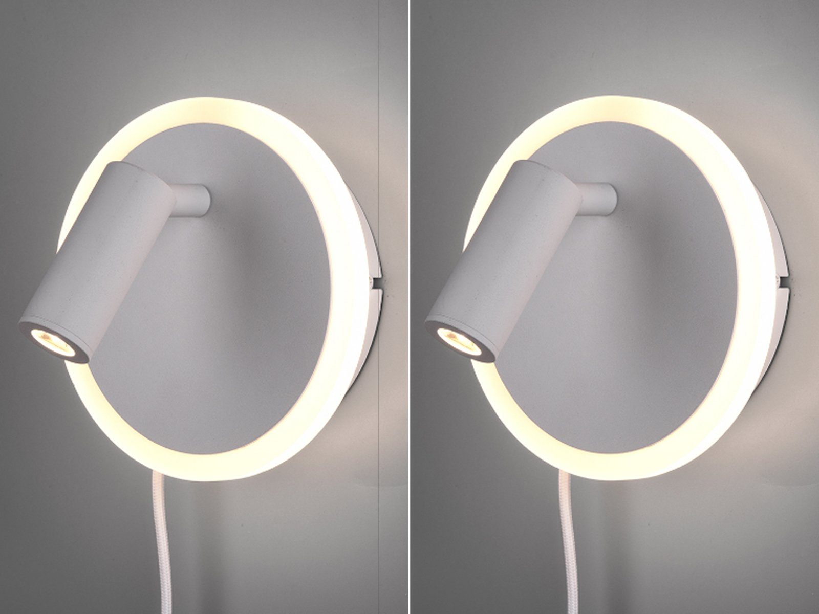 meineWunschleuchte LED Leselampe, LED fest integriert, Warmweiß, 2er Set innen mit Stecker und Schalter Leselampe Lichtspots Bett Ø15cm Weiß matt