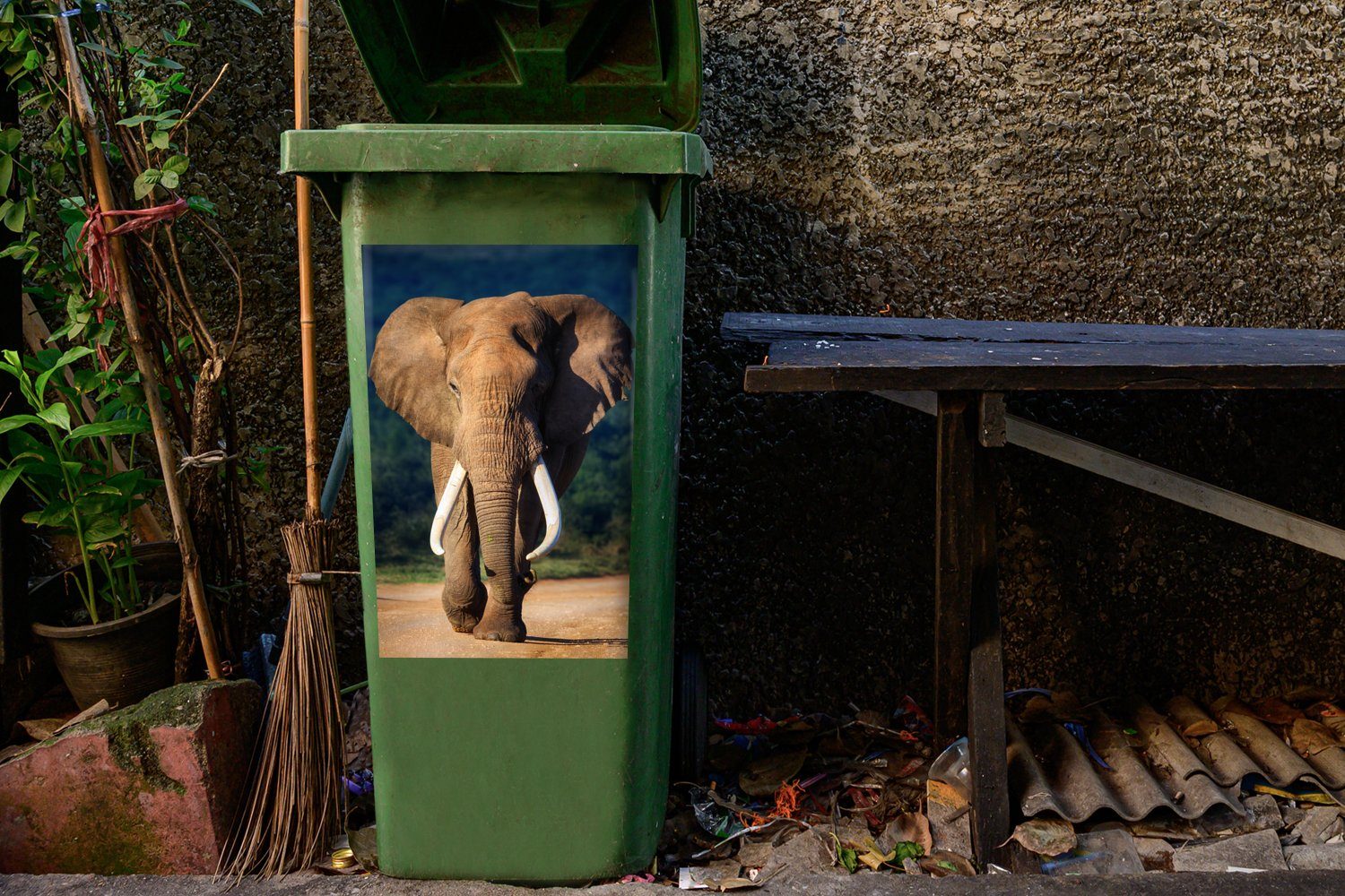 Abfalbehälter (1 Mülleimer-aufkleber, Mülltonne, St), Sticker, Natur Zähne - Elefant Container, - Wandsticker MuchoWow