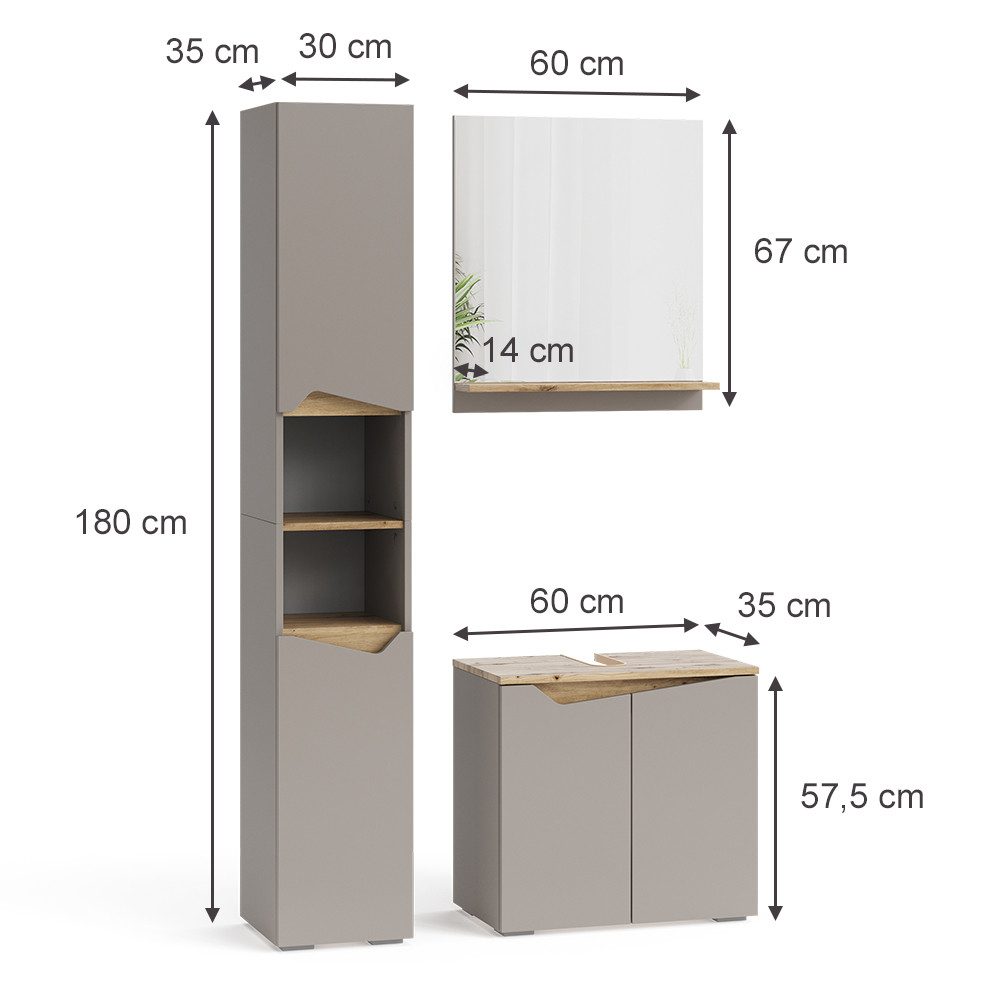 Vicco Badmöbel-Set Marelle, Greige/Artisan-Eiche, 3 Teile, mit Hochschrank, (3-St., 3er Set)