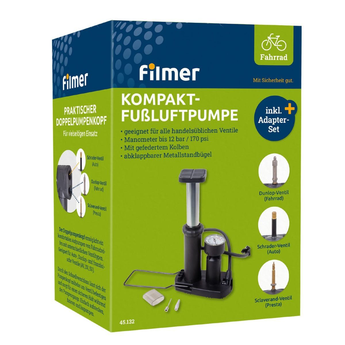 Filmer Luftpumpe Fußluftpumpe alle Ventile Adapter Set PP & Stahl, inklusive Adapter Set für verschiedene Ventile