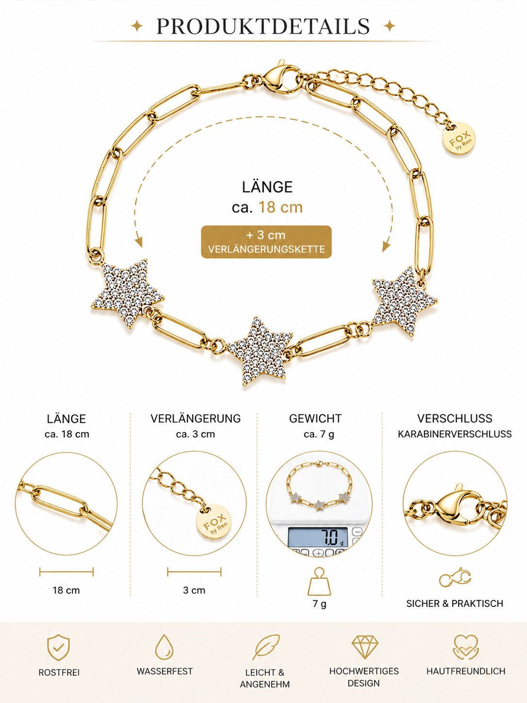Brise Schmuck Armband Edelstahl Armband Damen mit Strass Sternen – Eleganter Schmuck, Verstellbare Länge, Rostfrei, Hautfreundlich, Leicht, Stern-Design