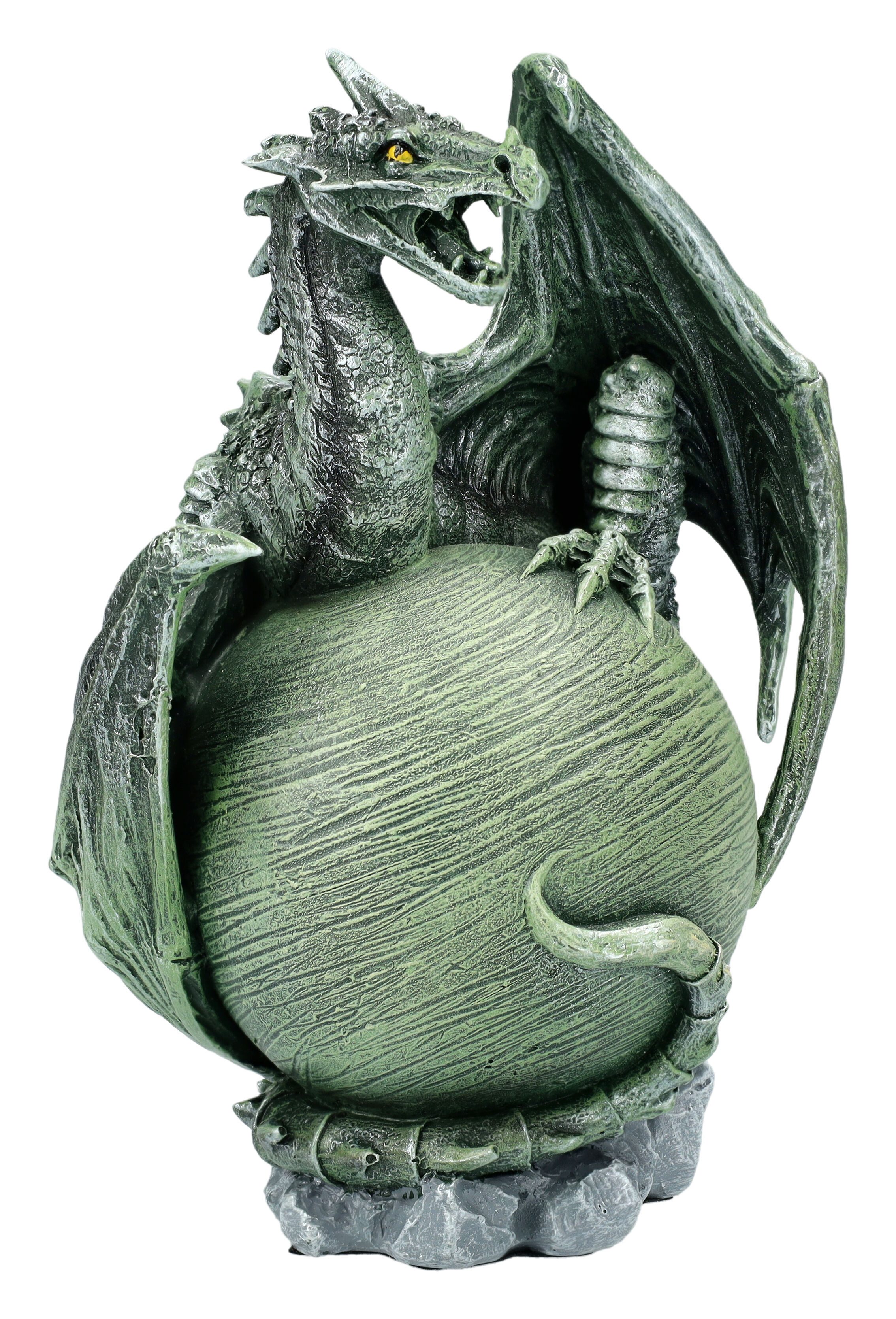 Figuren Shop GmbH Fantasy-Figur Grüne Drachen Figur – Fantasy Statue Sammlerfigur mit Planet 13.5 cm