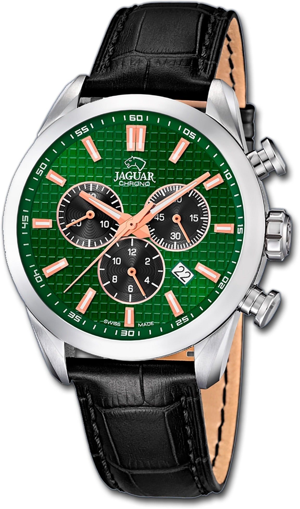 JAGUAR Chronograph Jaguar Leder Herren Uhr J866/3 Chron, Herrenuhr mit Lederarmband, rundes Gehäuse, groß (ca. 43mm), Sport-Sty