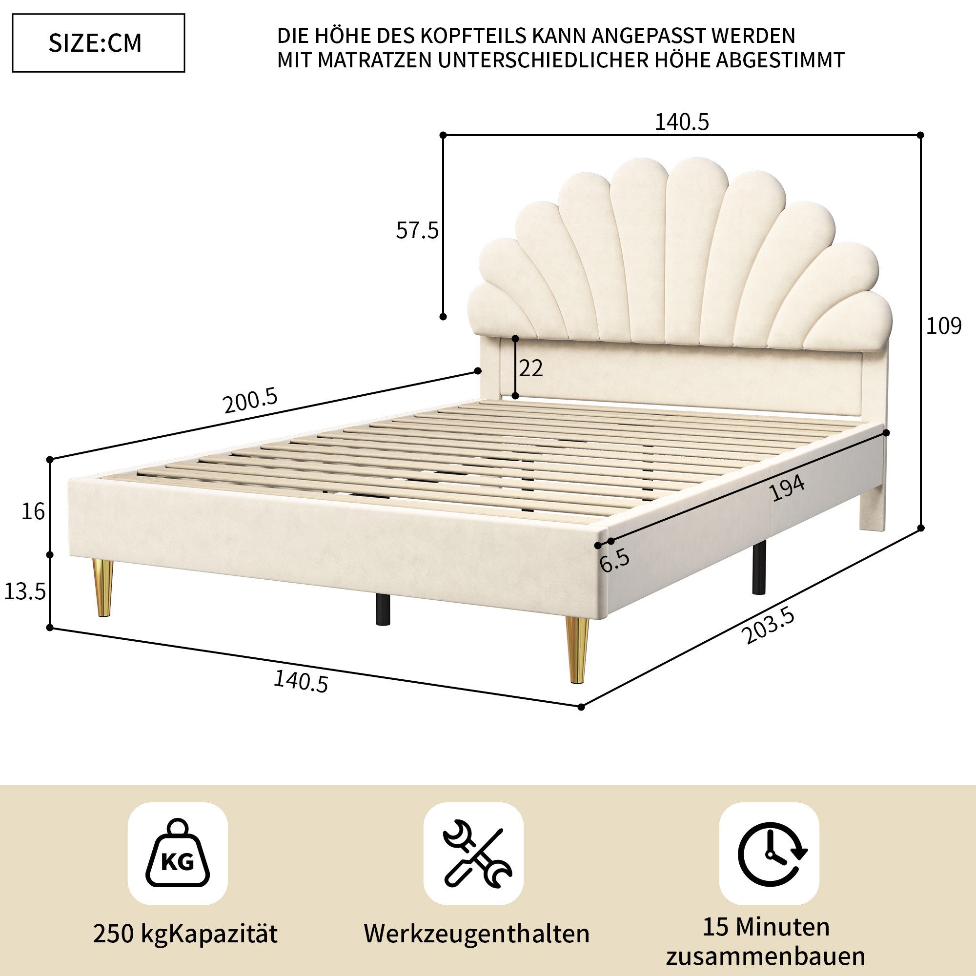Simurq Polsterbett Kinderbett Mädchen 140x200cm, Kopfteil in Blumenform Muschelform, Doppelbett Gepolstertes Bettgestell mit Lattenrost,Samt – Bild 2 von 5