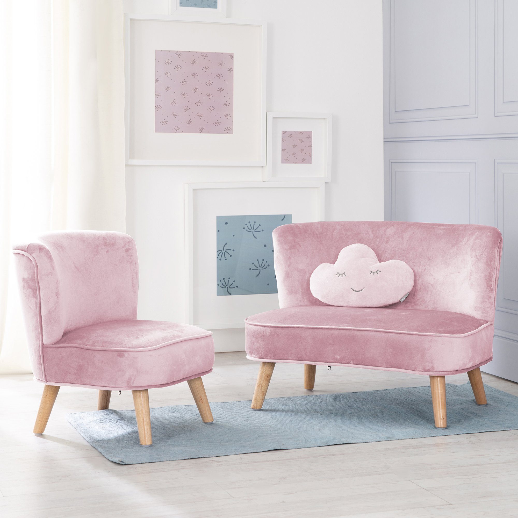 Sofa, in Kindersofa, Wolkenform bestehend 3-tlg), Kindersitzgruppe roba® aus rosa-mauve Dekokissen (Set, und Kindersessel Lil