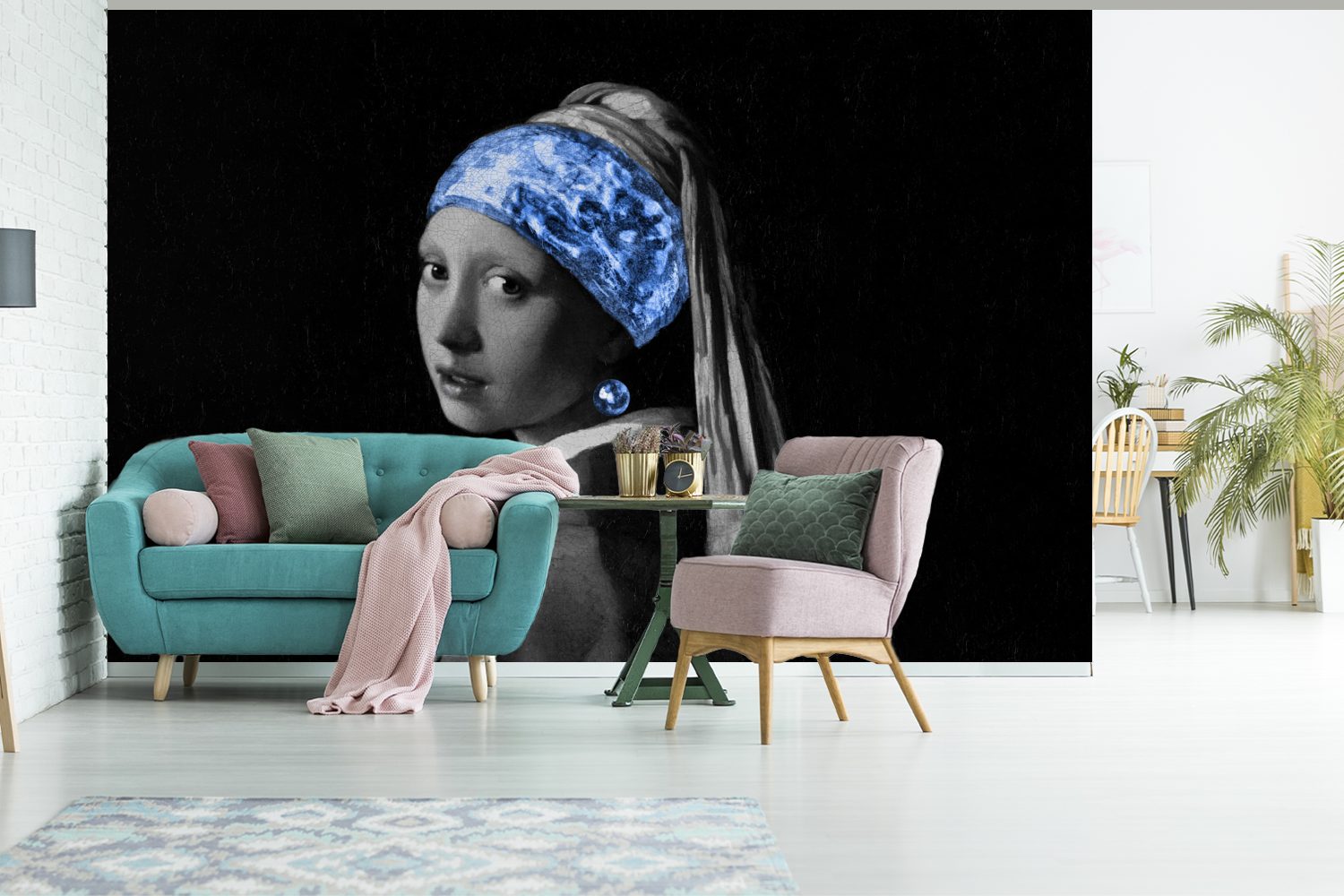 Blau, MuchoWow einem Mädchen Schlafzimmer, mit Vermeer Perlenohrring St), bedruckt, - - (6 für Wohnzimmer, Matt, Fototapete Tapete Wallpaper Vinyl Kinderzimmer,