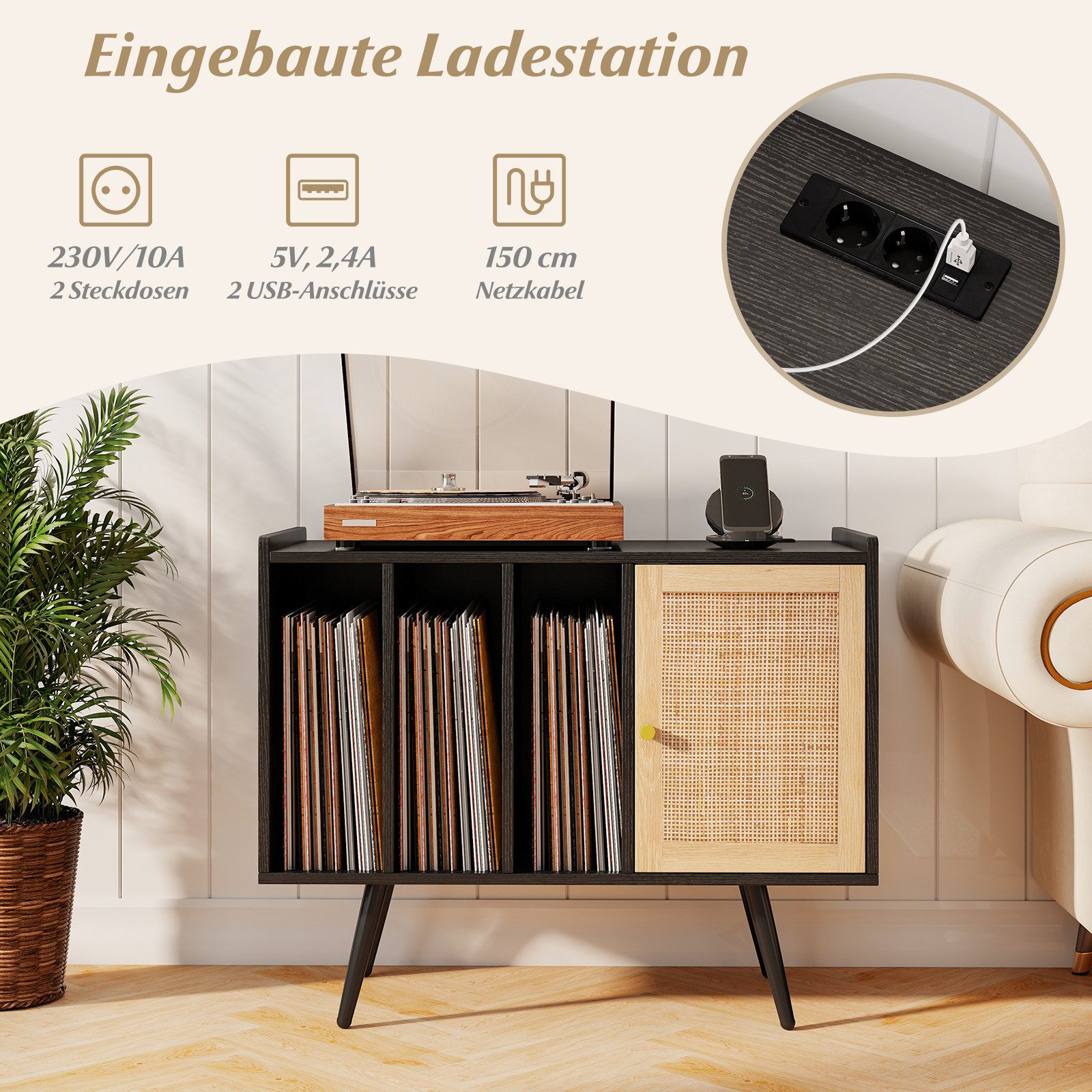 COSTWAY Sideboard, Plattenspieler-Ständer mit Ladestation 80x40x65cm günstig online kaufen