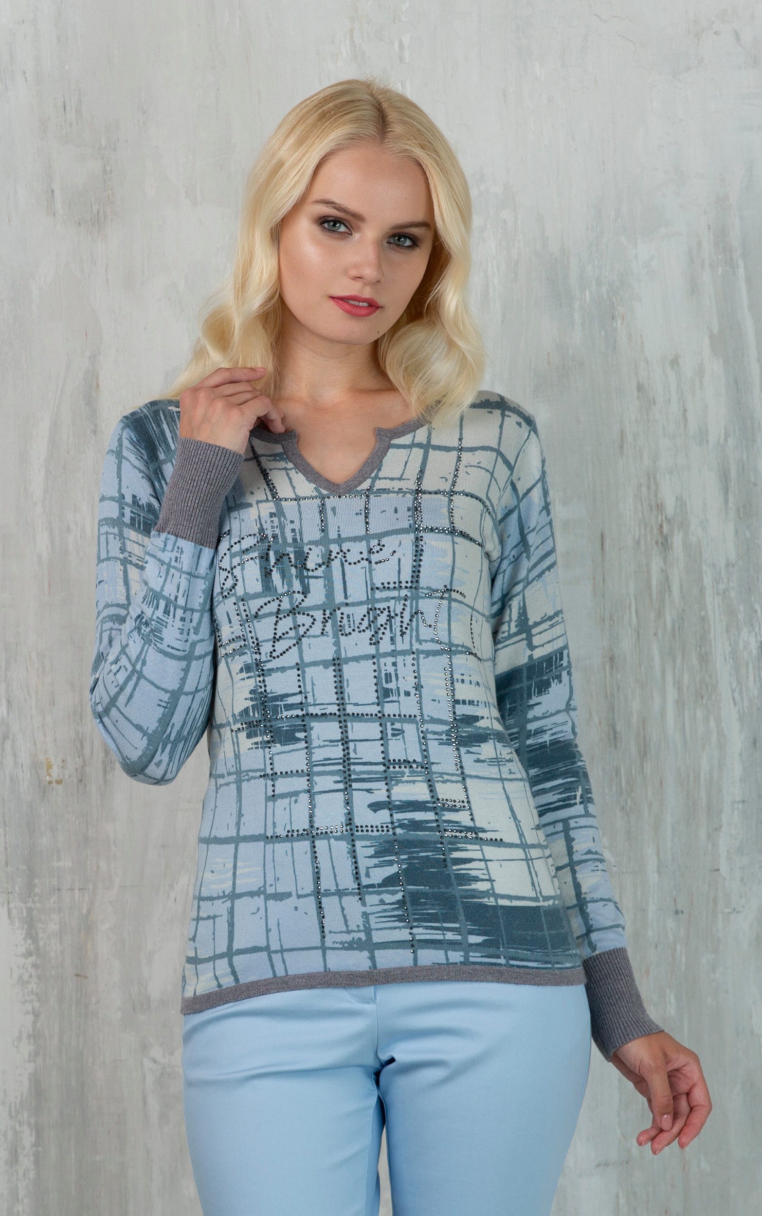 Passioni Strickpullover mit abstraktem Print und Strassdetails günstig online kaufen