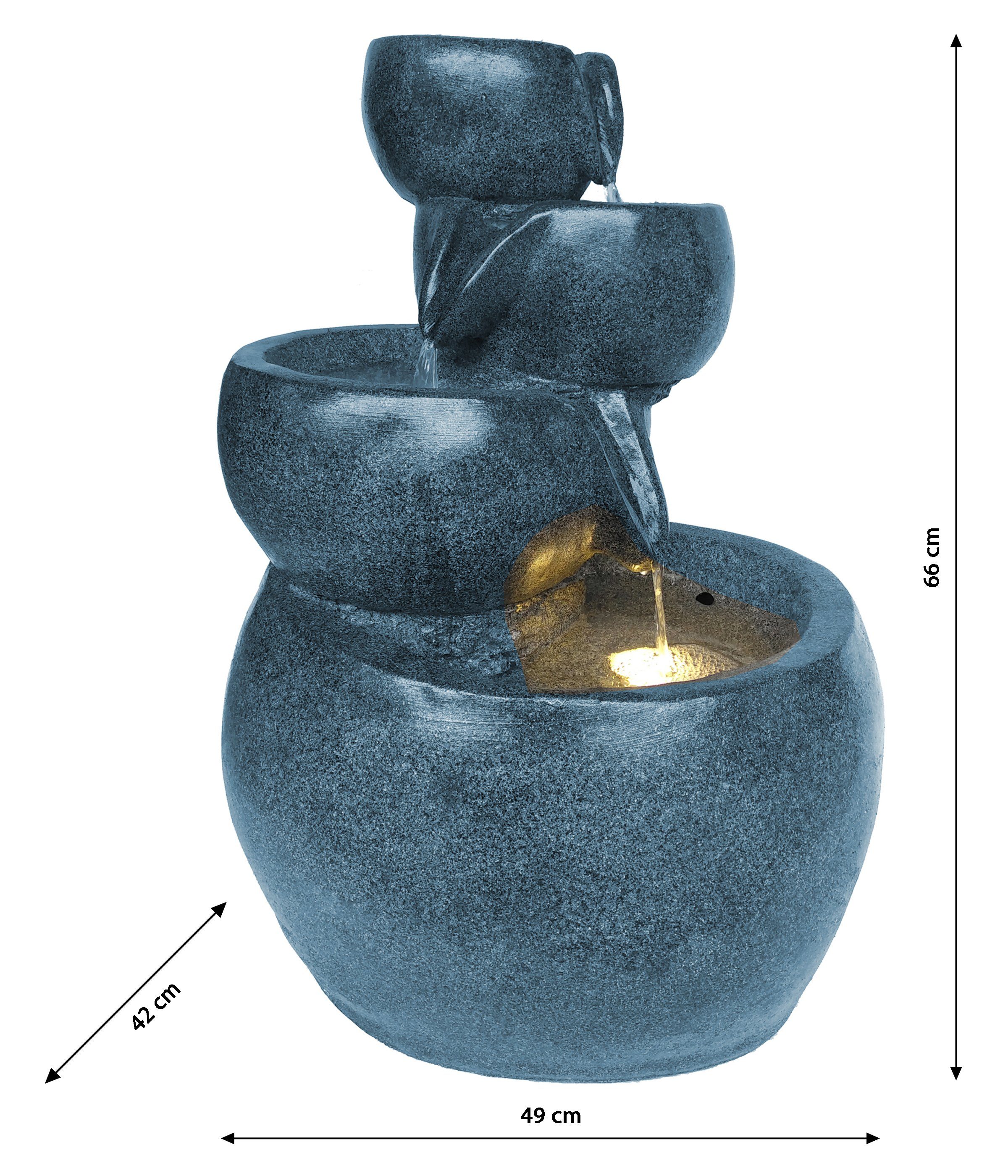 Dehner mit LEDs 49 Gartenbrunnen Wasserspiel cm, Breite, 42 LED, aus Trafo Polyresin, 66 mit x Pumpe, Bowl x 49 2 beeindruckendes Kunststein cm und